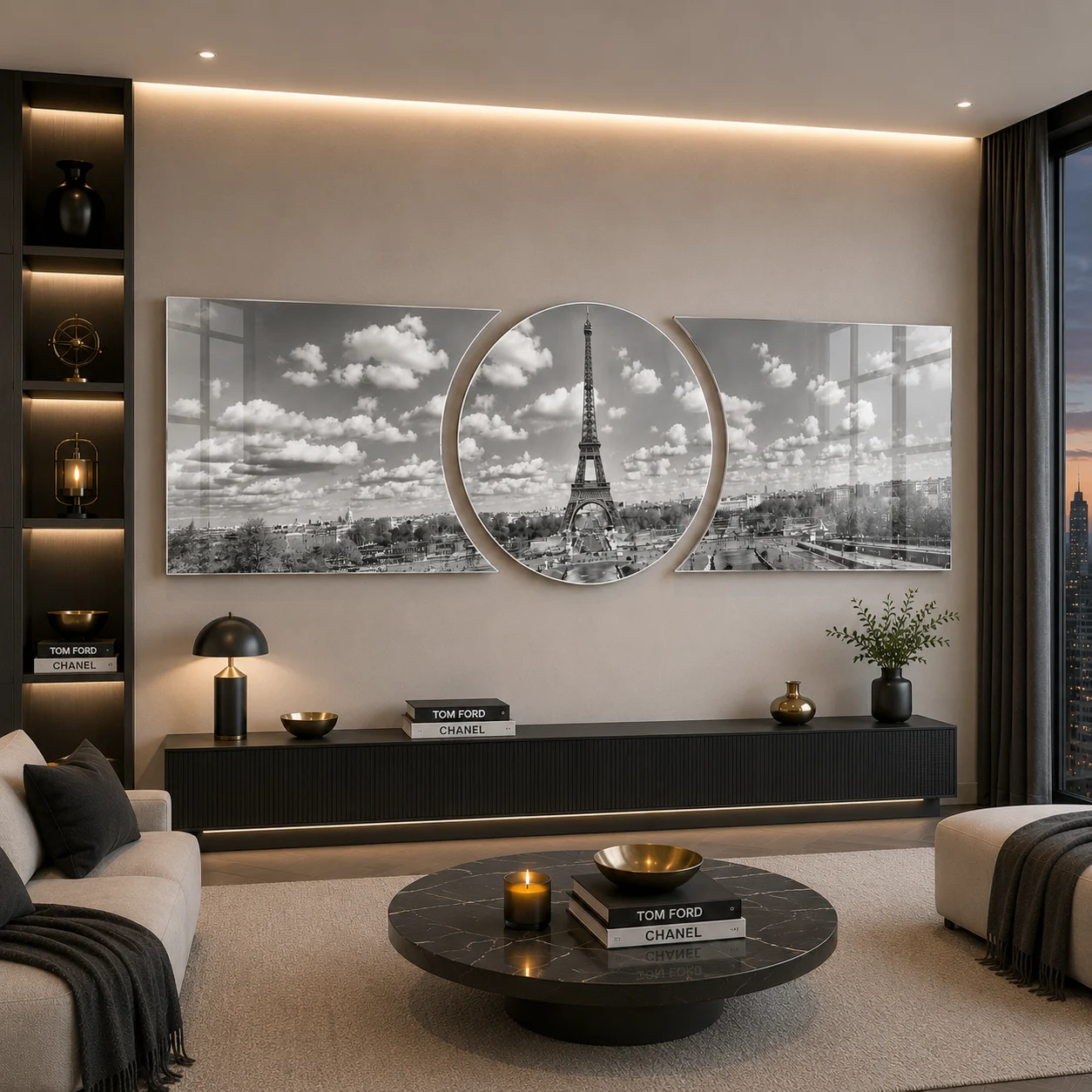 Paris Skyline and Eiffel Tower Three-Piece Glass Wall Art, displayed above a console in a warm modern living room