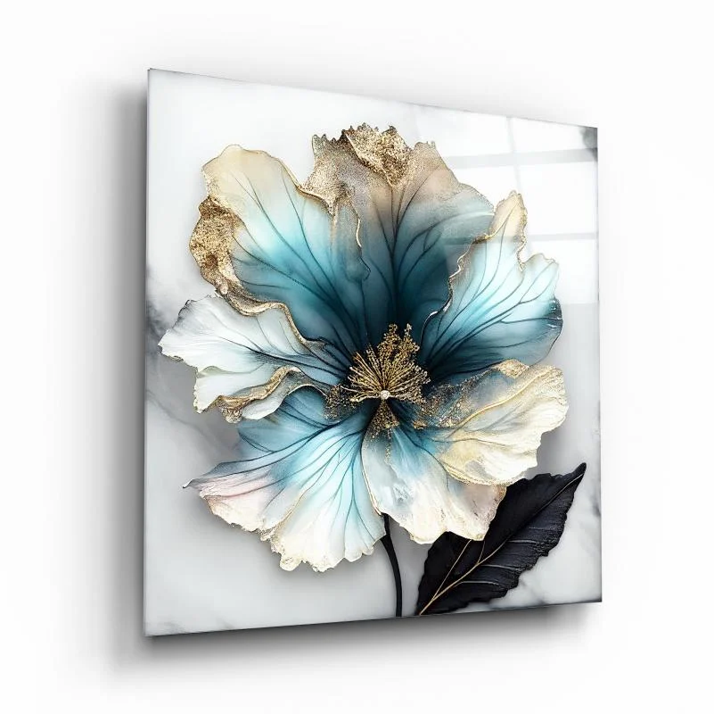 Aqua Bloom on White Square Glass Wall Art, front angled view