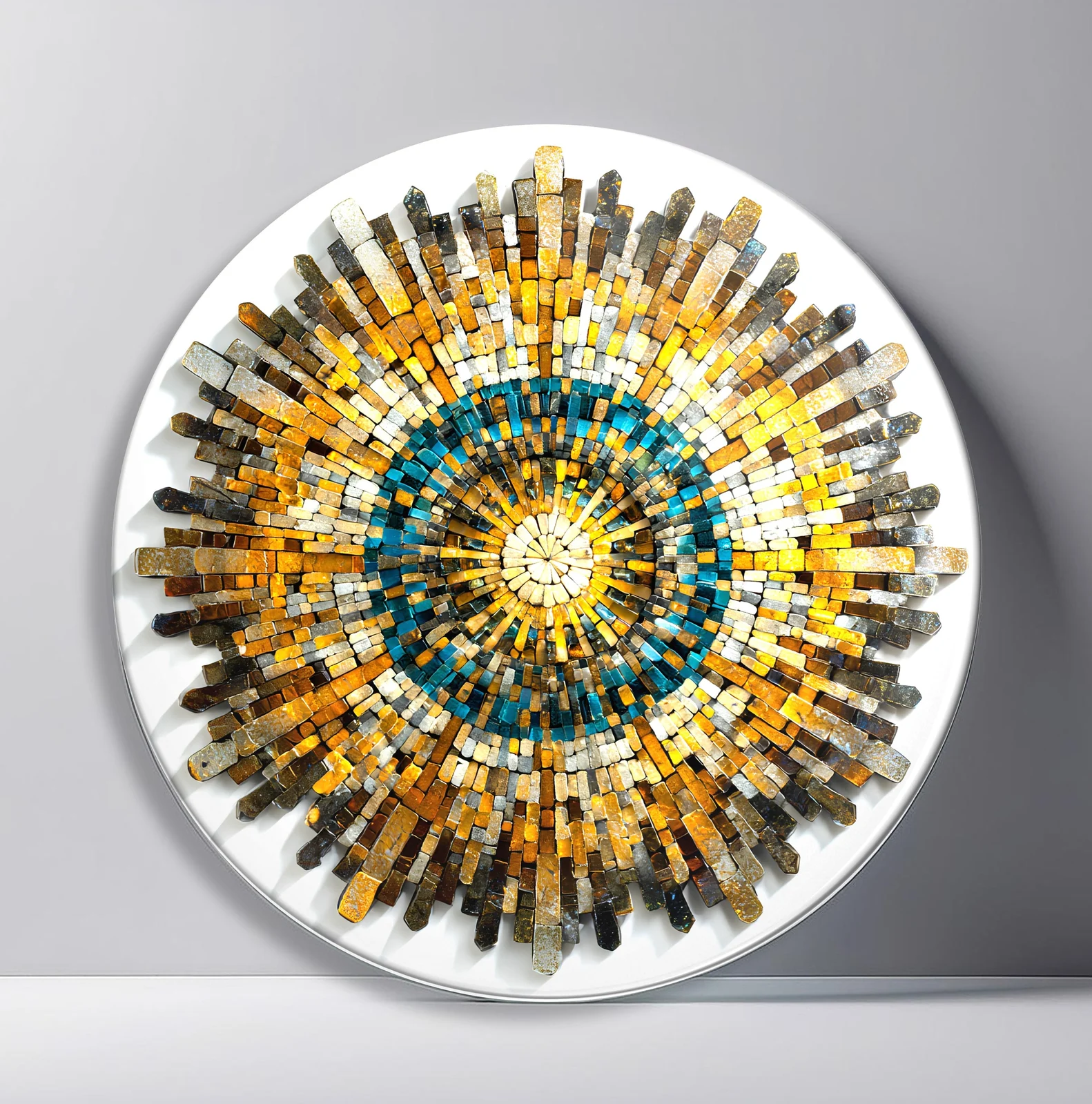 Emerald Gold Mosaic Sun Round Glass Wall Art featuring layered gold, emerald, and ivory glass pieces forming a radiant sun