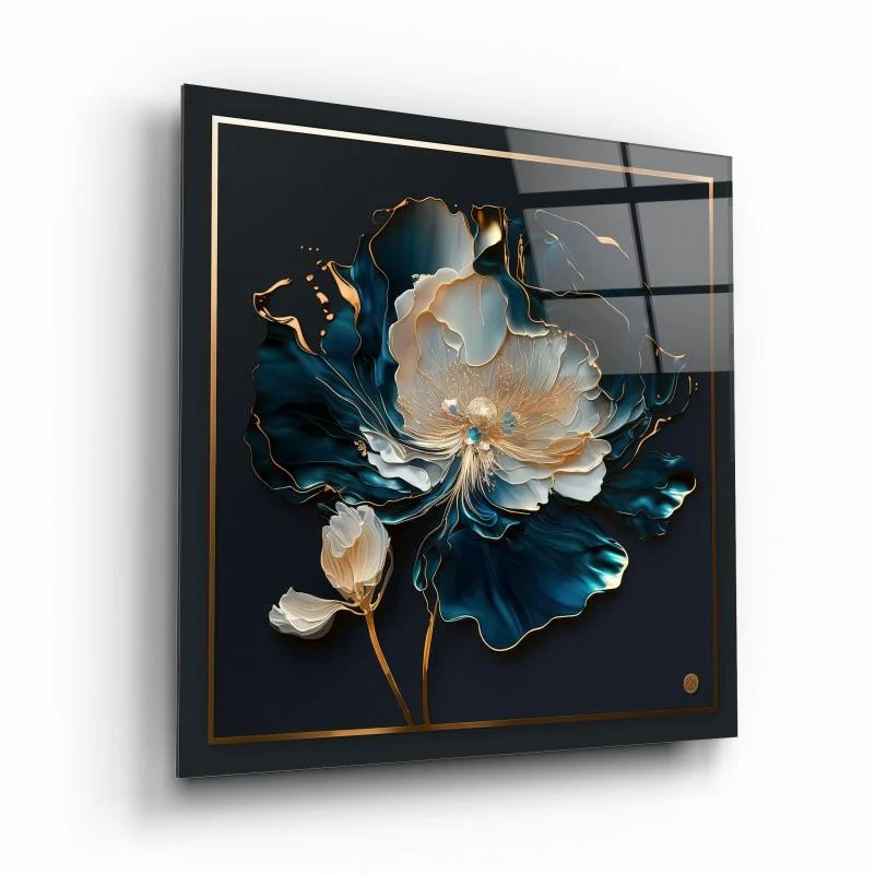 Teal Floral Elegance Square Glass Wall Art, front angled view