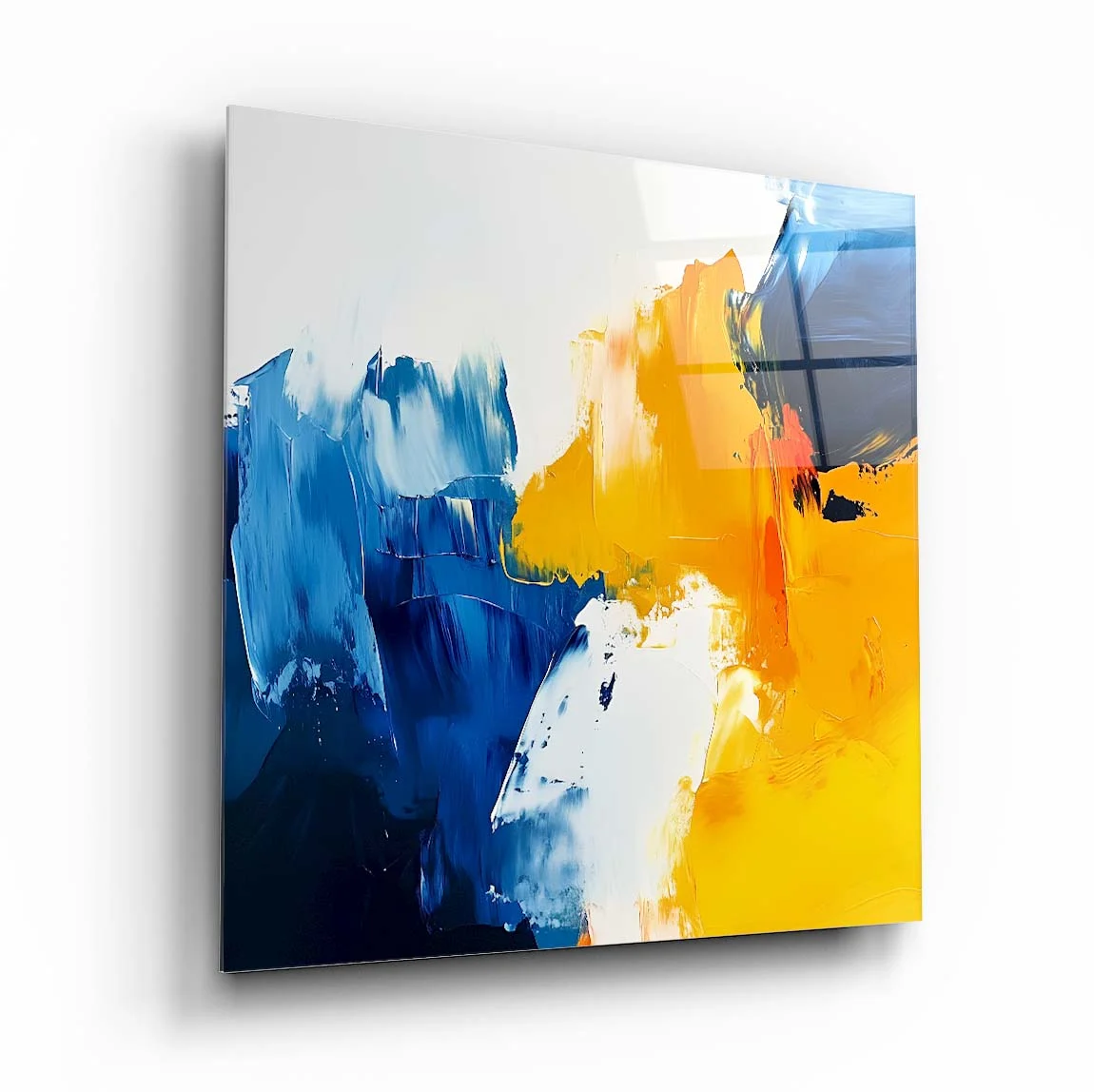 Blue Yellow Brushstroke Burst Square Glass Wall Art, front angled view