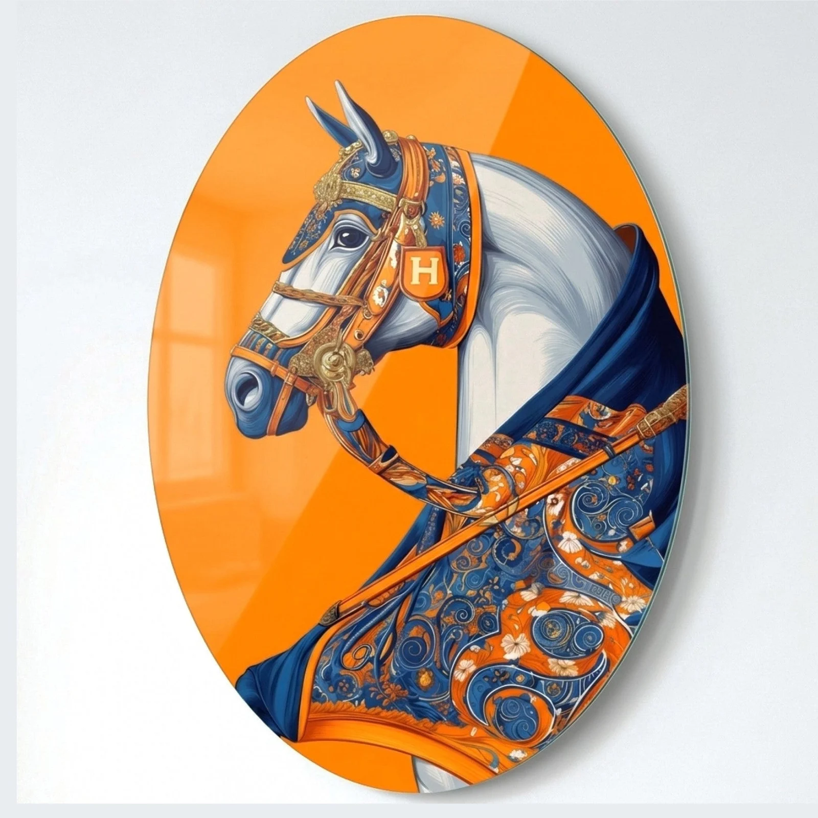 Art Deco White Horse on Orange Oval Glass Wall Art, front product view on a neutral background