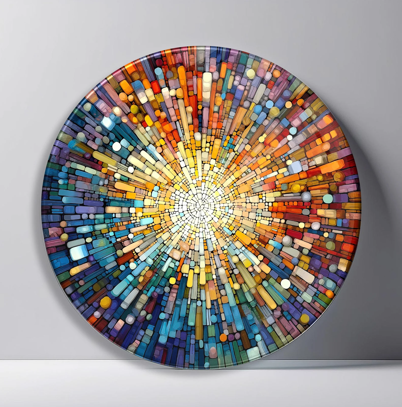 Rainbow Mosaic Explosion Round Glass Wall Art featuring multicolor rectangular tiles bursting from a brilliant white center