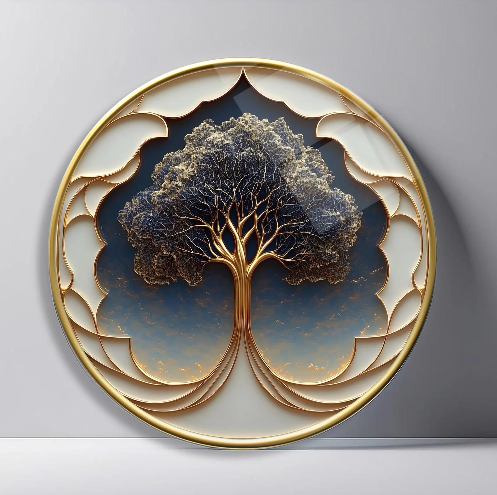 Golden Tree in Moorish Arch Round Glass Wall Art featuring delicate gold tree framed by layered ivory and blue arches