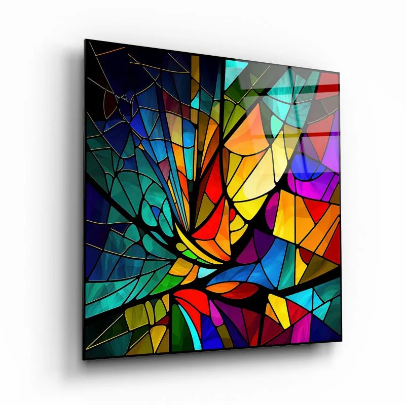 Kaleidoscope Tropical Leaves Square Glass Wall Art, front angled view