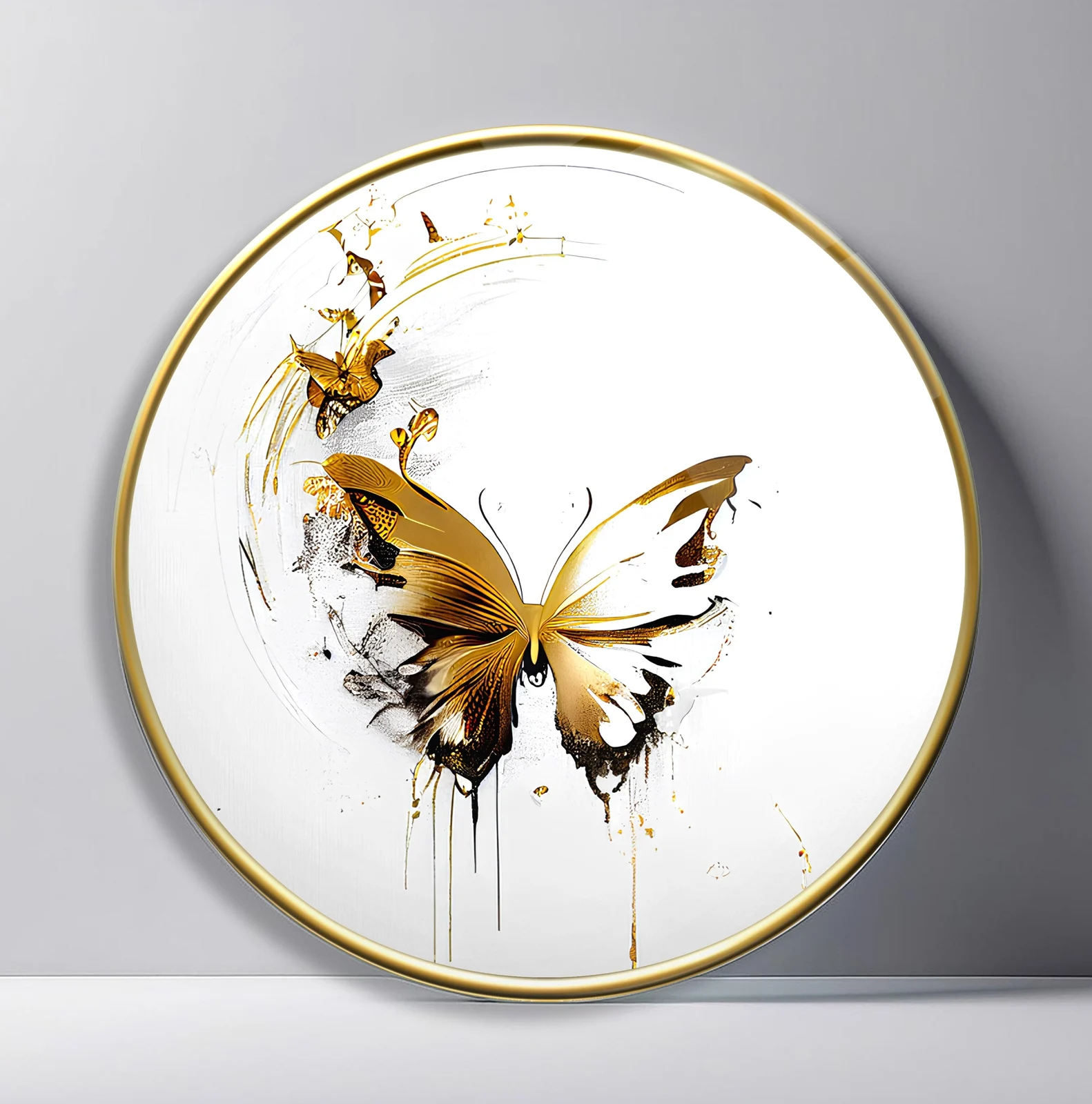 Golden Butterfly Ink Round Glass Wall Art featuring gold and black butterfly rendered with expressive splashes on white