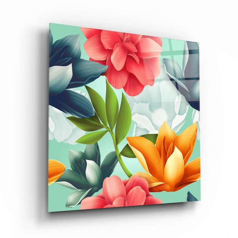 Modern Tropical Flower Garden Square Glass Wall Art, front angled view