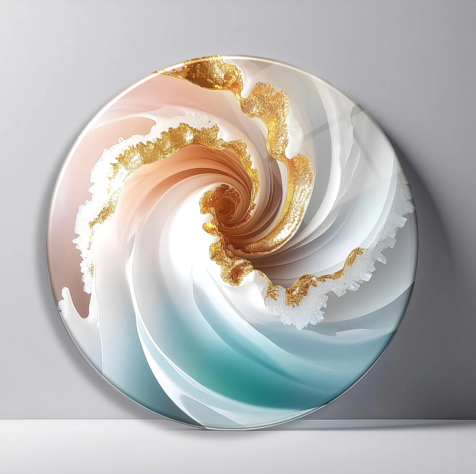 Rose Gold Ocean Spiral Round Glass Wall Art featuring soft pink, white, aqua, and gold currents curling into a shell-like vortex