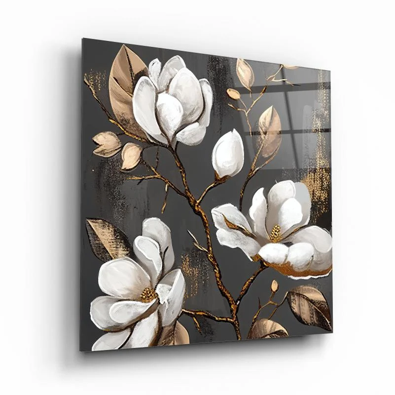 White Magnolia Branches Square Glass Wall Art, front angled view