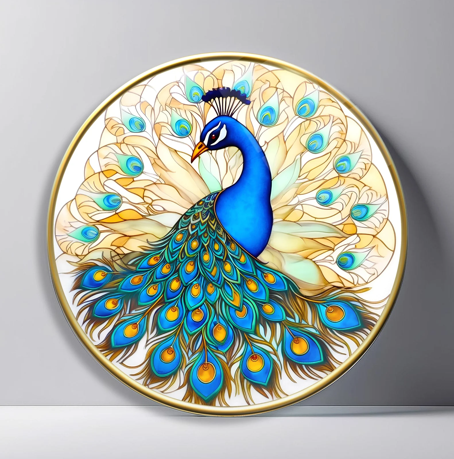 Royal Peacock in Ivory Filigree Round Glass Wall Art featuring regal blue peacock surrounded by pale gold feather scrolls