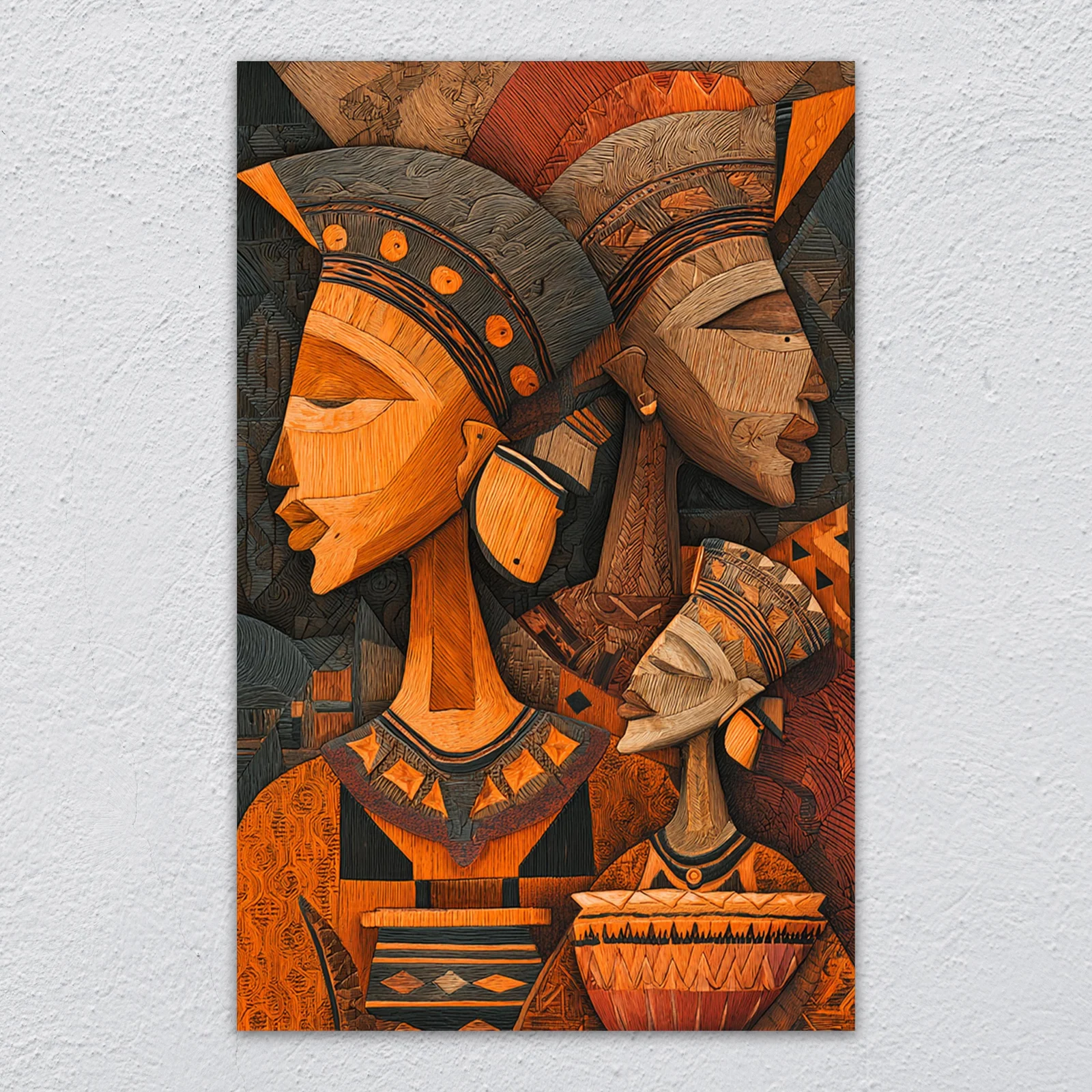 African tribal women abstract glass wall art displayed above a sofa