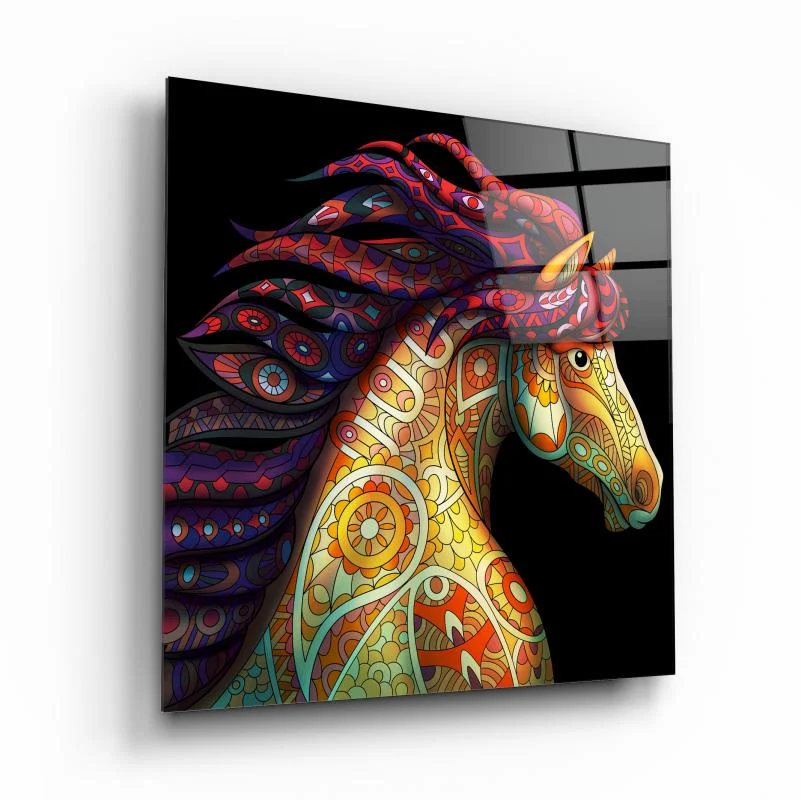 Ornamental Mosaic Horse Square Glass Wall Art, front angled view