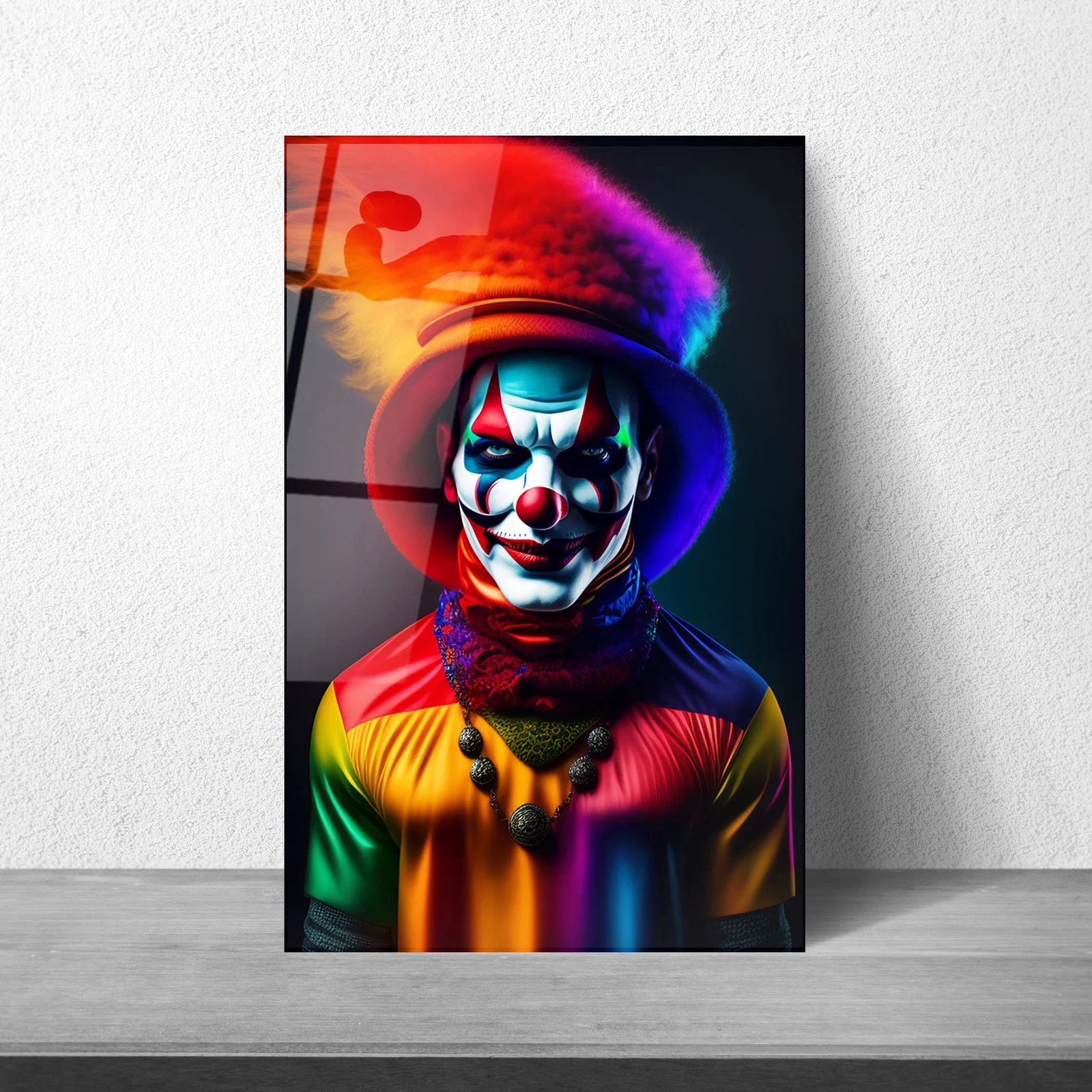 Colorful clown portrait glass wall art displayed above a sofa