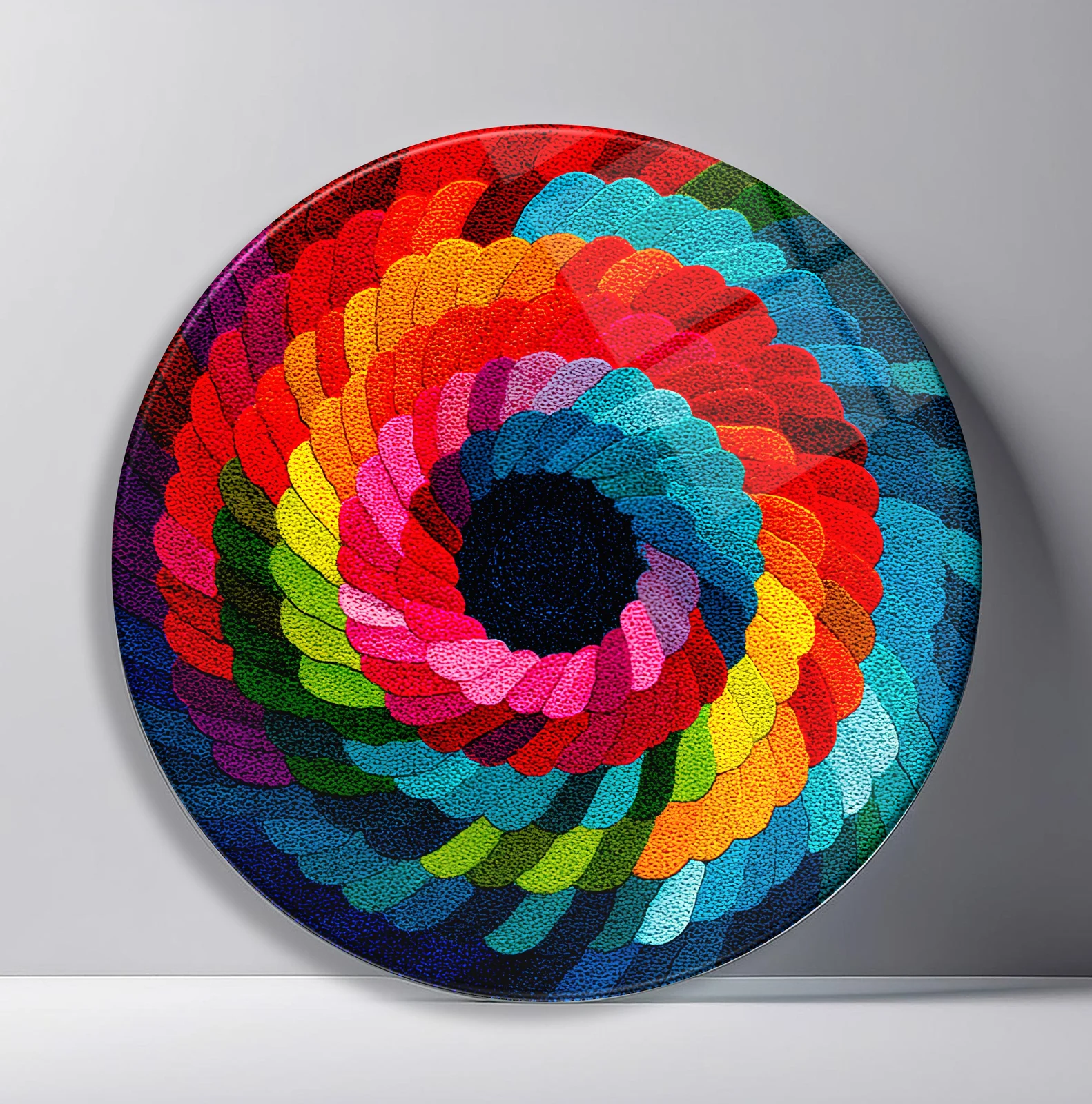 Rainbow Petal Vortex Round Glass Wall Art featuring overlapping woven petals spiral into a dark center