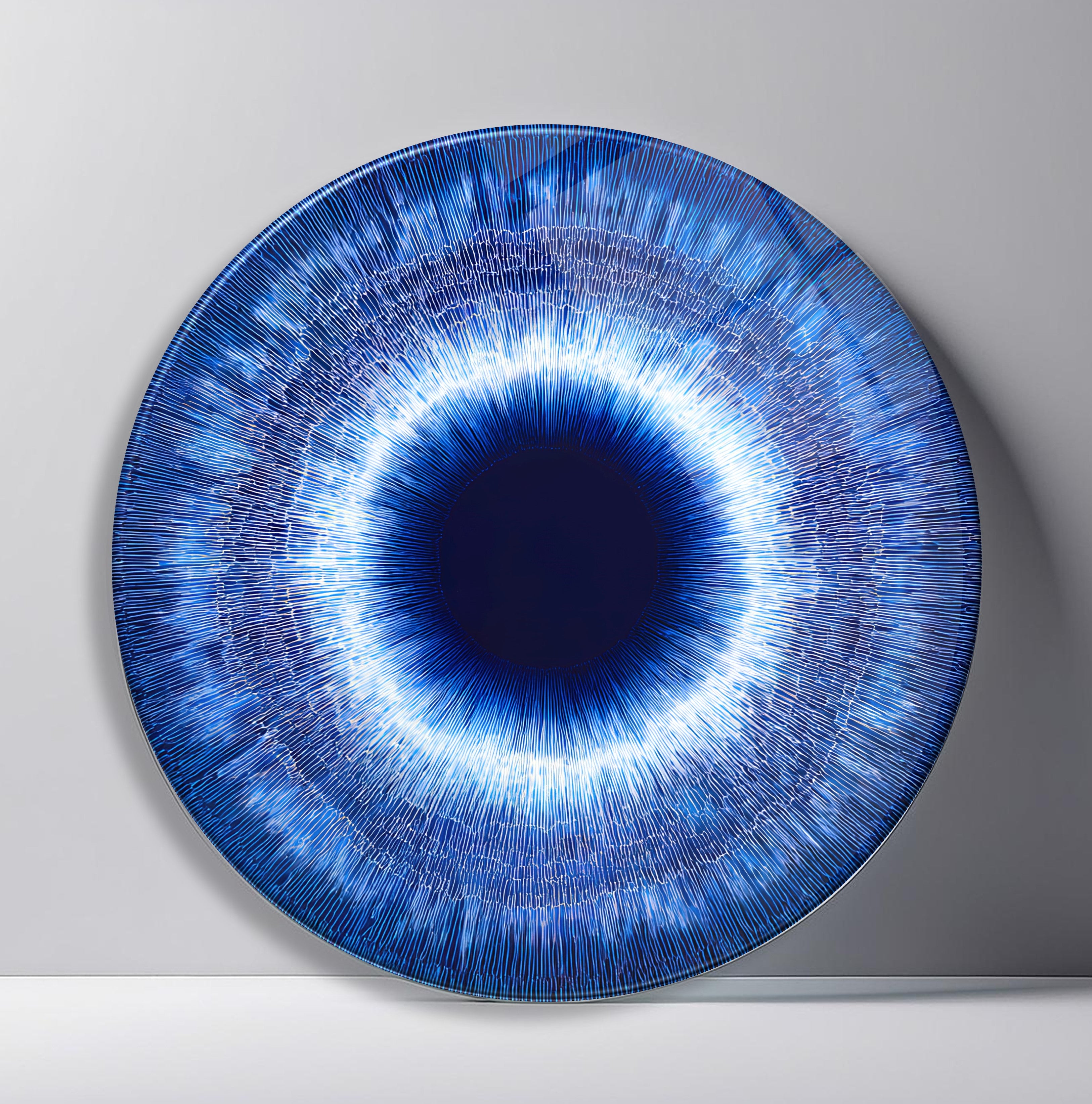 Cobalt Halo Iris Round Glass Wall Art featuring deep cobalt iris illuminated by a brilliant white circular halo
