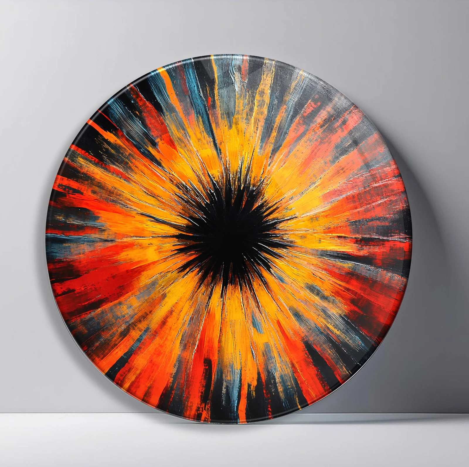 Fiery Orange Radial Burst Round Glass Wall Art featuring orange and yellow paint rays exploding from a deep black center