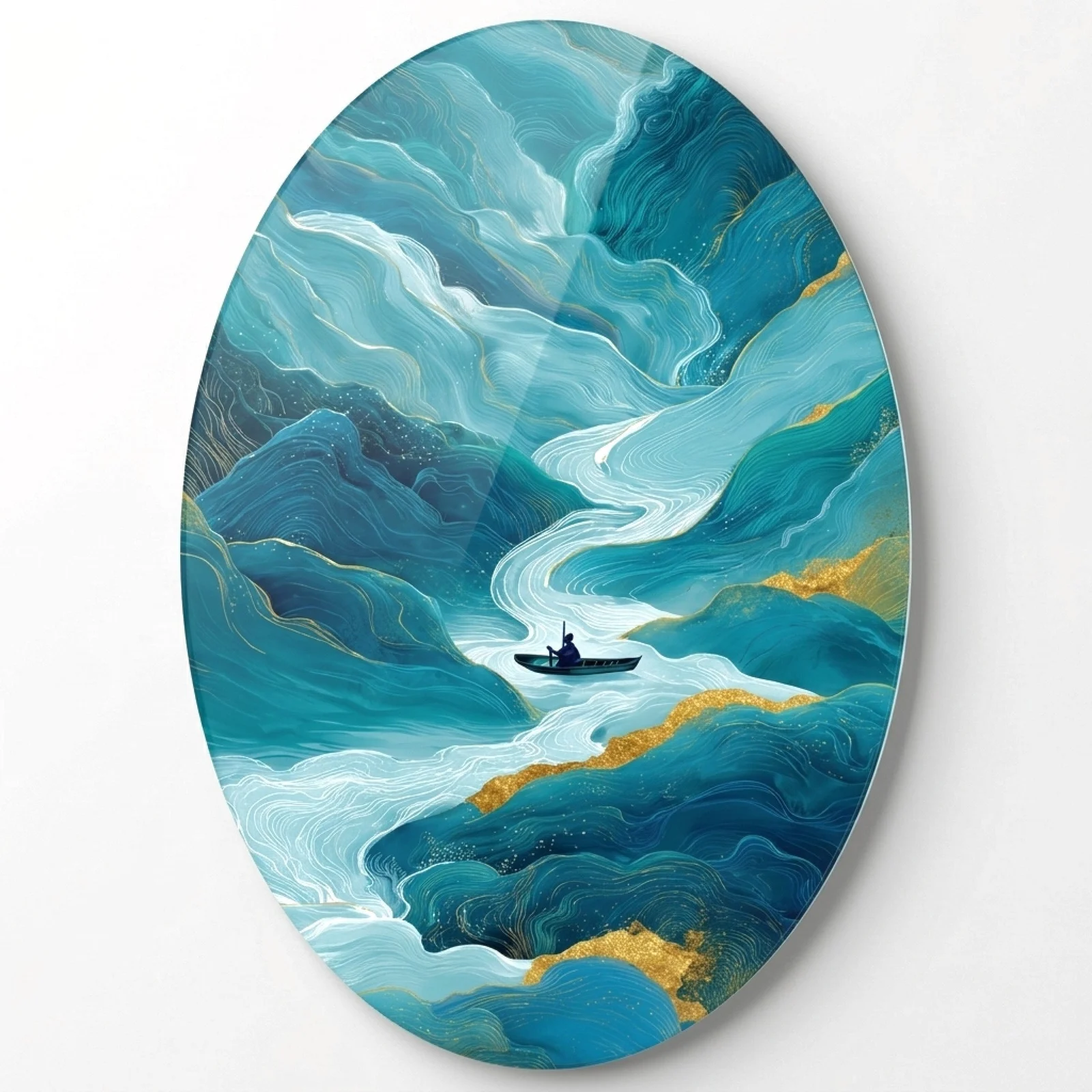 Blue River Valley and Lone Boat Oval Glass Wall Art, front product view on a neutral background