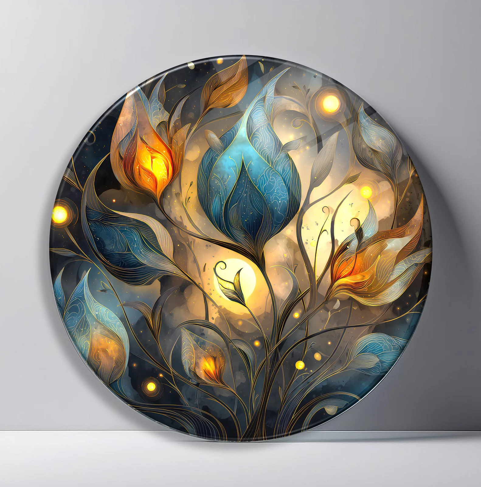Enchanted Lantern Flowers Round Glass Wall Art featuring glowing blue and amber fantasy blossoms surrounded by tiny lights