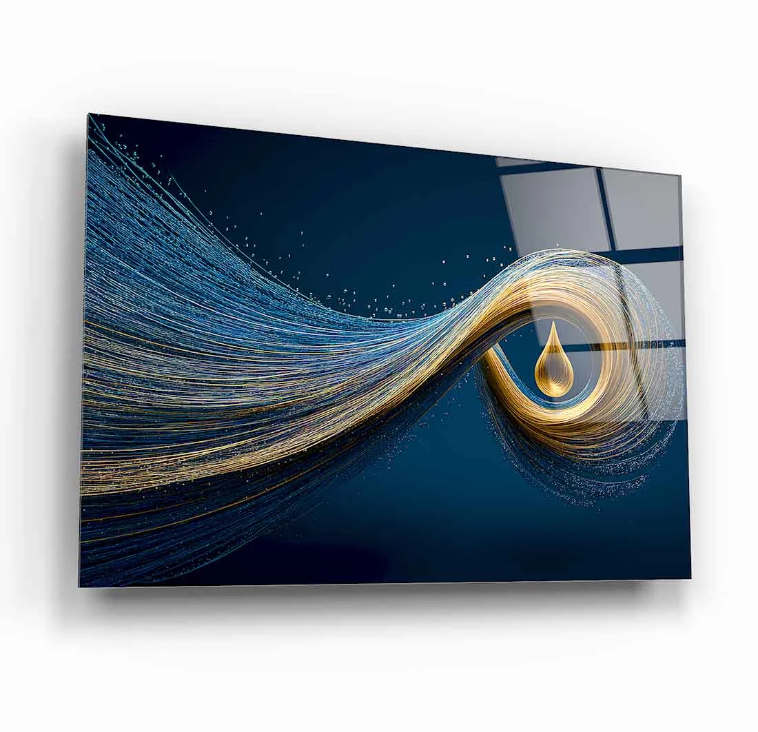 Blue and Gold Flowing Wave Abstraction Tempered Glass Wall Art, primary product view, model GLS1279