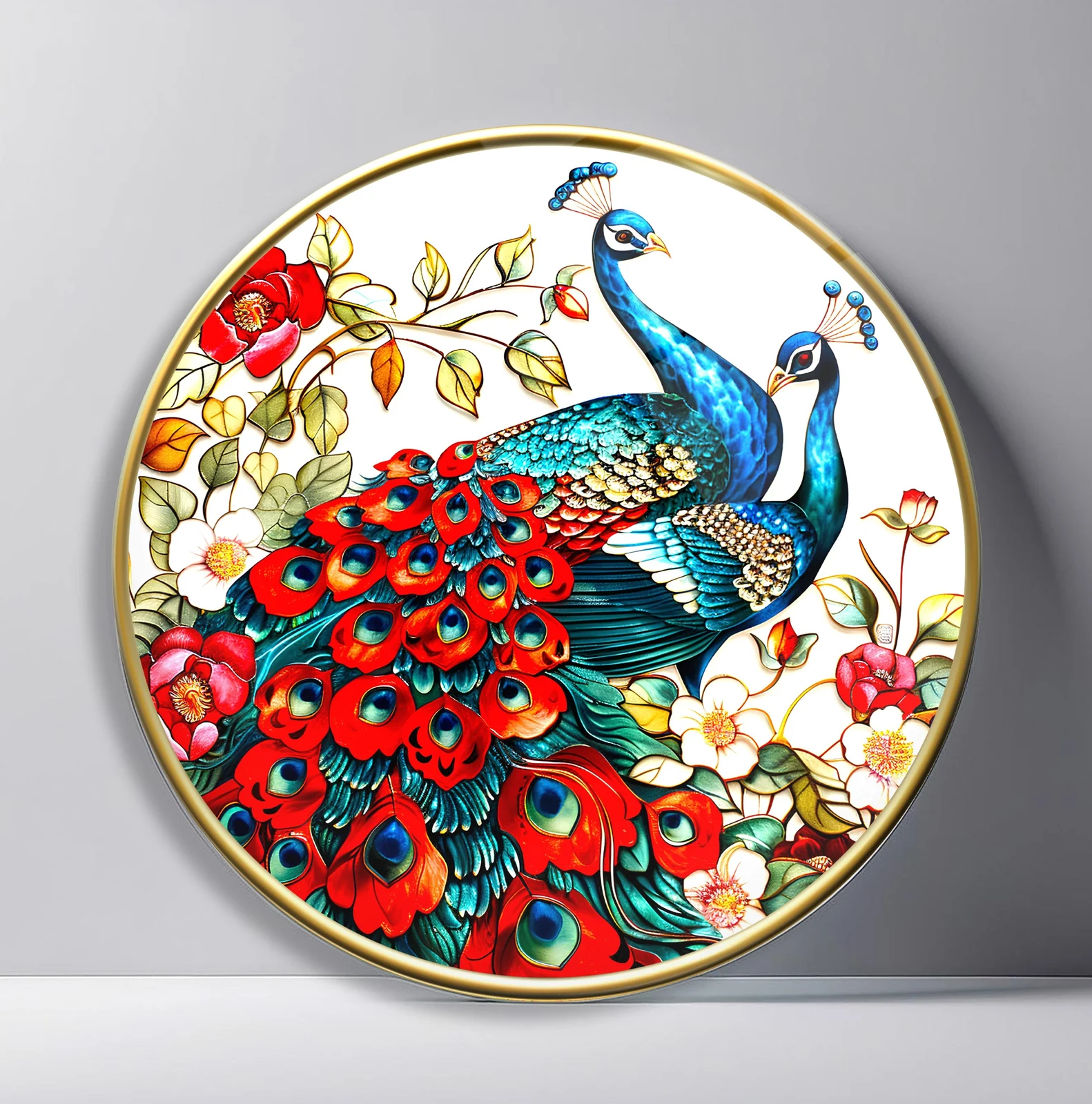 Peacock Pair Among Red Roses Round Glass Wall Art featuring two ornate peacocks nestled among red roses and leafy vines