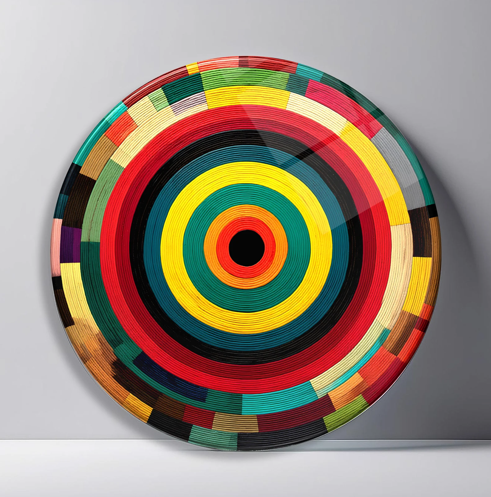 Primary Color Target Round Glass Wall Art featuring bold woven concentric bands with an offset patchwork edge