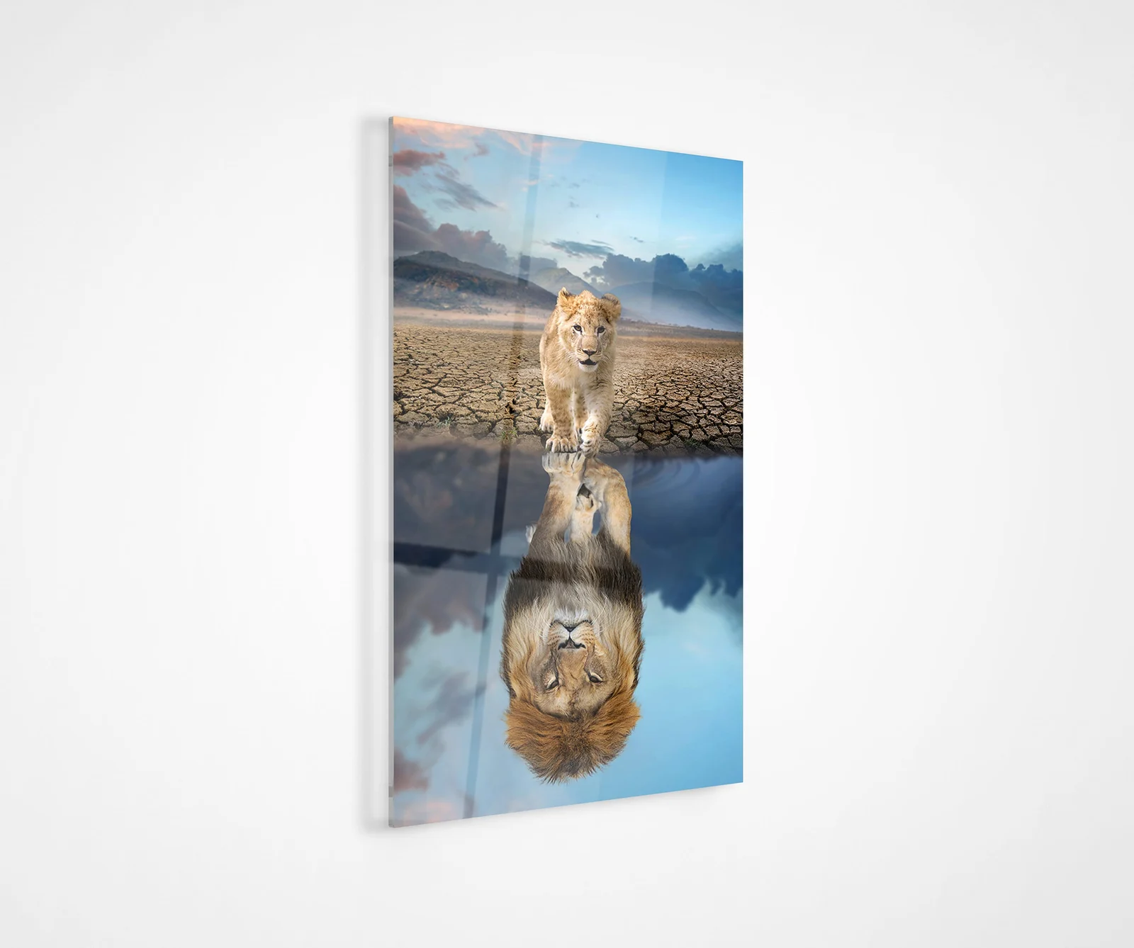 Lion cub and lion reflection glass wall art as a statement piece in a hallway