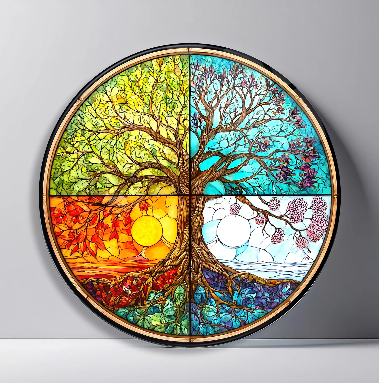 Four Seasons Tree Window Round Glass Wall Art featuring single tree divided into four seasonal landscape panels