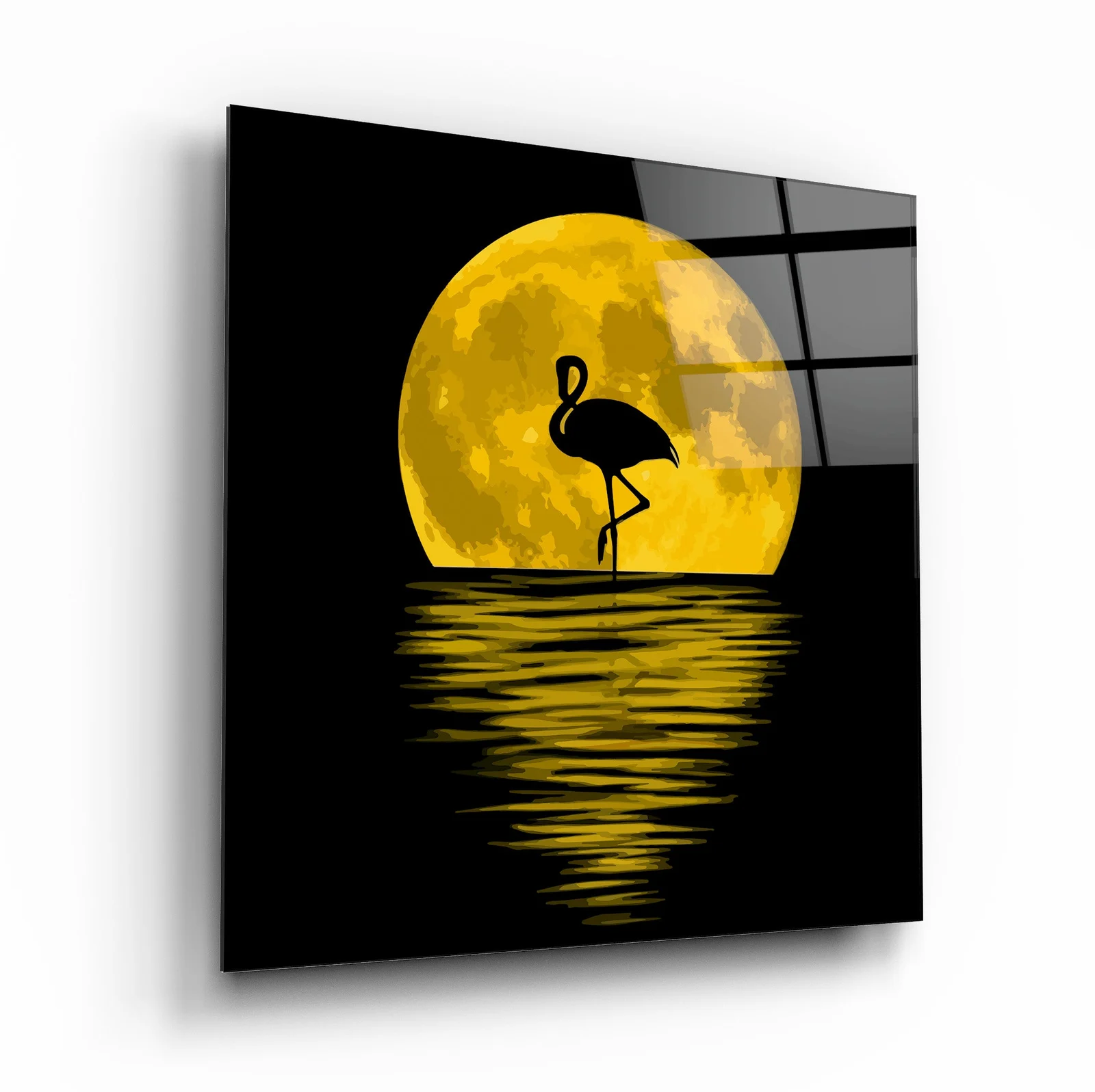 Flamingo at Golden Moonlight Square Glass Wall Art, front angled view