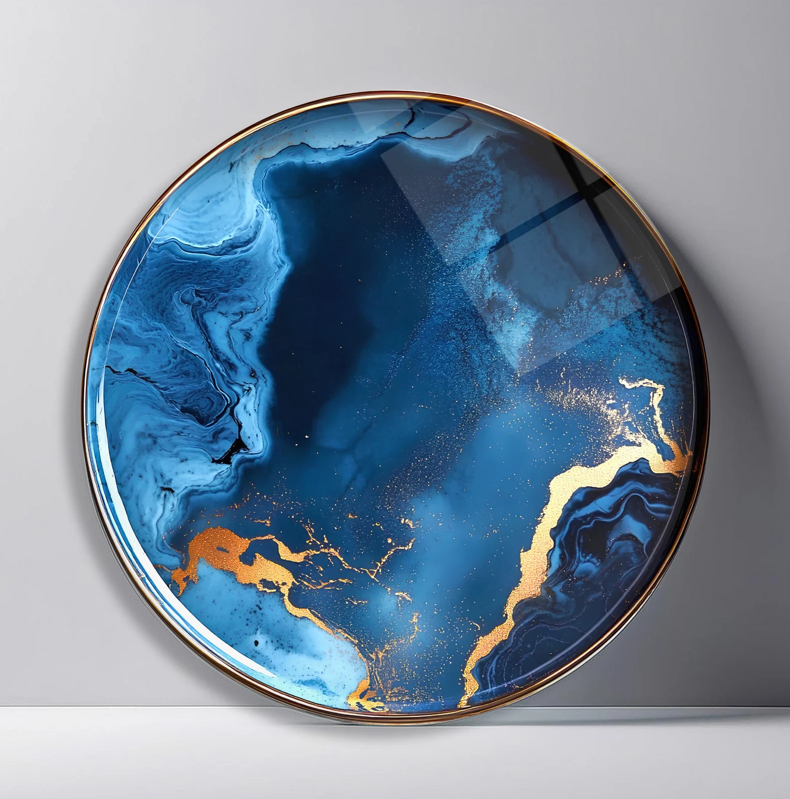 Midnight Blue Gold Marble Round Glass Wall Art featuring deep blue fluid stone veining crossed by bright gold fissures