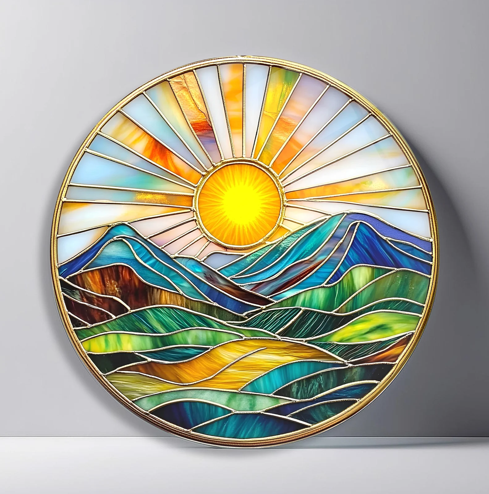 Golden Sunrise Over Mountains Round Glass Wall Art featuring radiant sun rising above layered turquoise and green mountains
