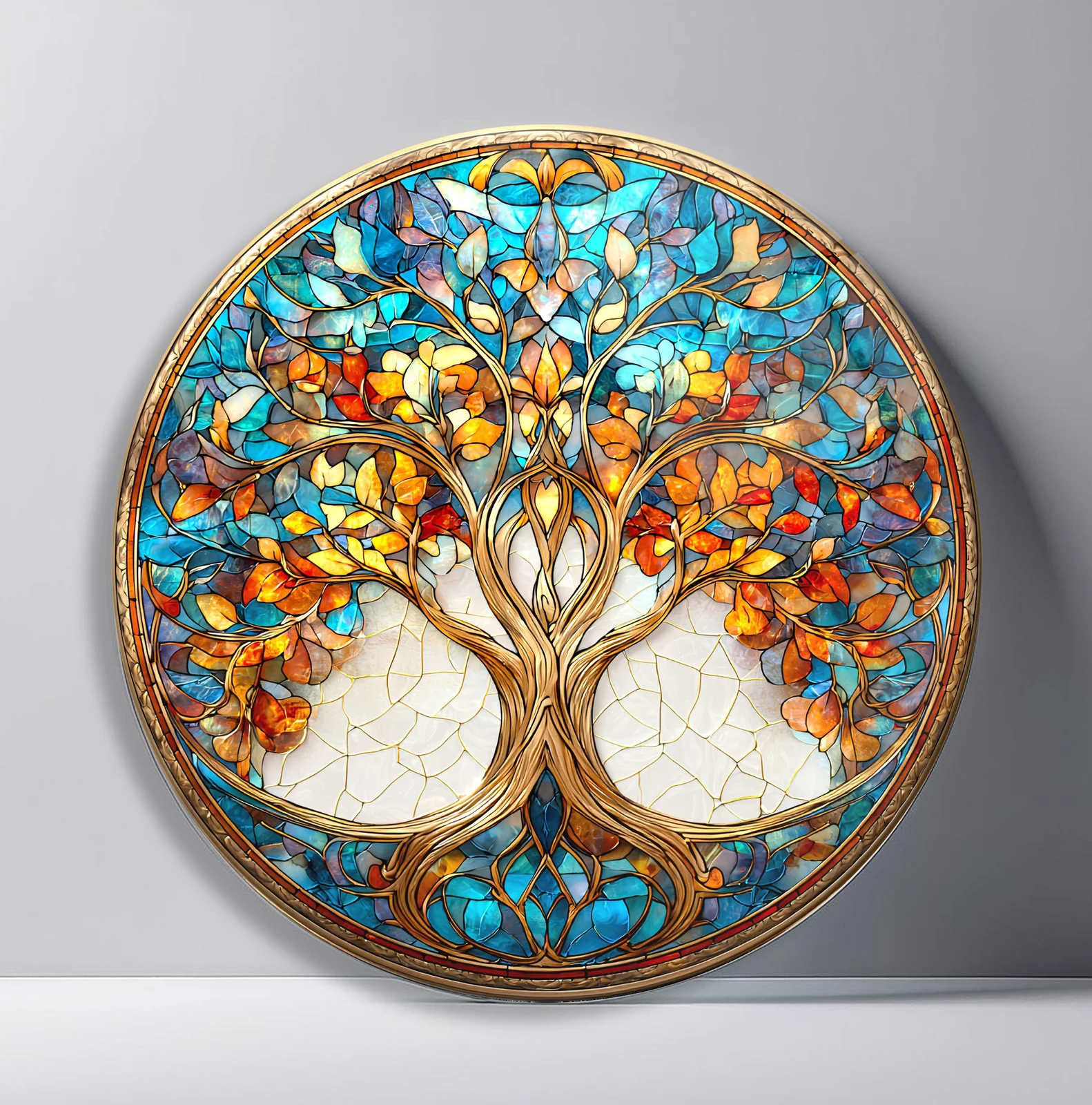 Turquoise Autumn Tree of Life Round Glass Wall Art featuring graceful tree crowned with turquoise and autumn leaves