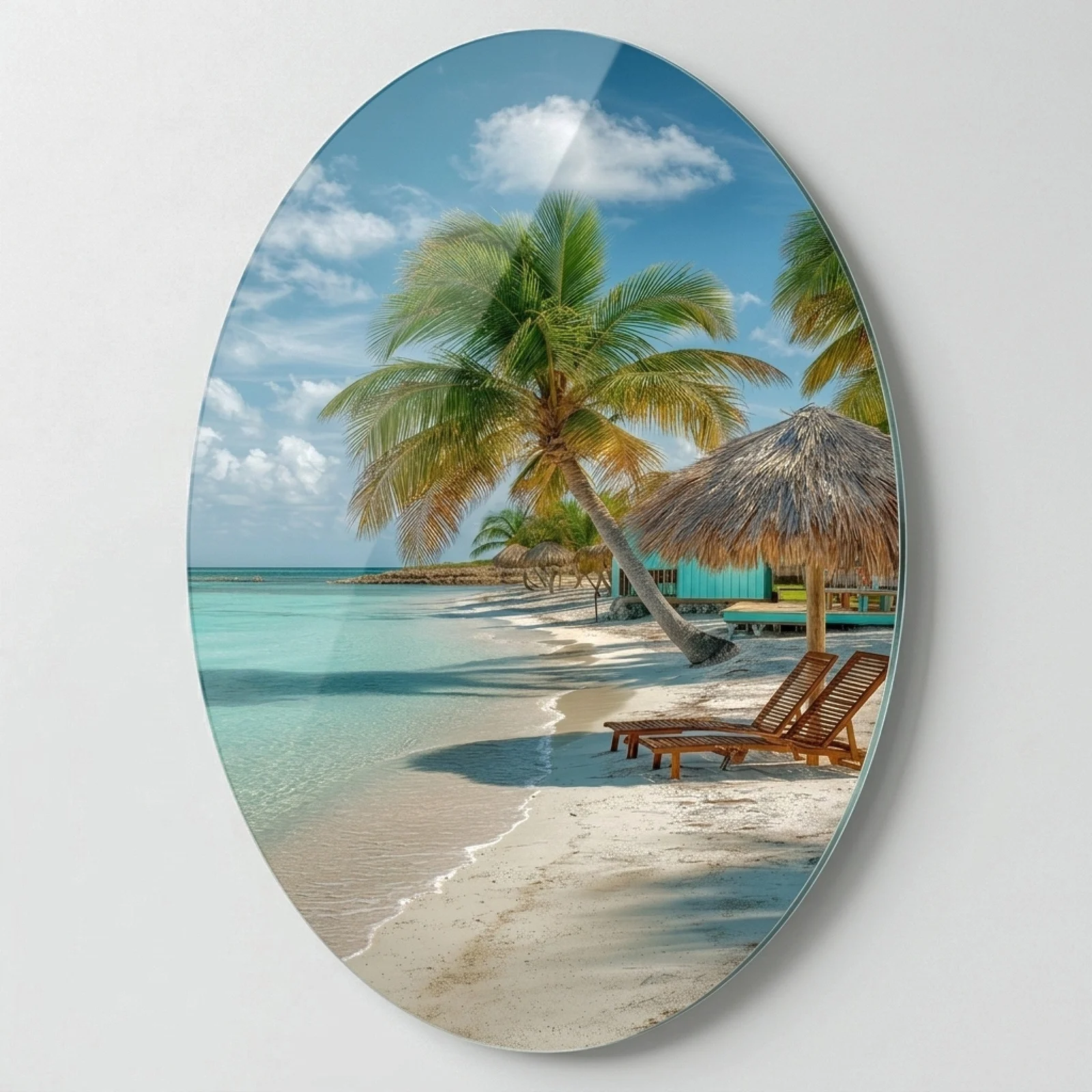 Tropical Palm Beach Oval Glass Wall Art, front product view on a neutral background