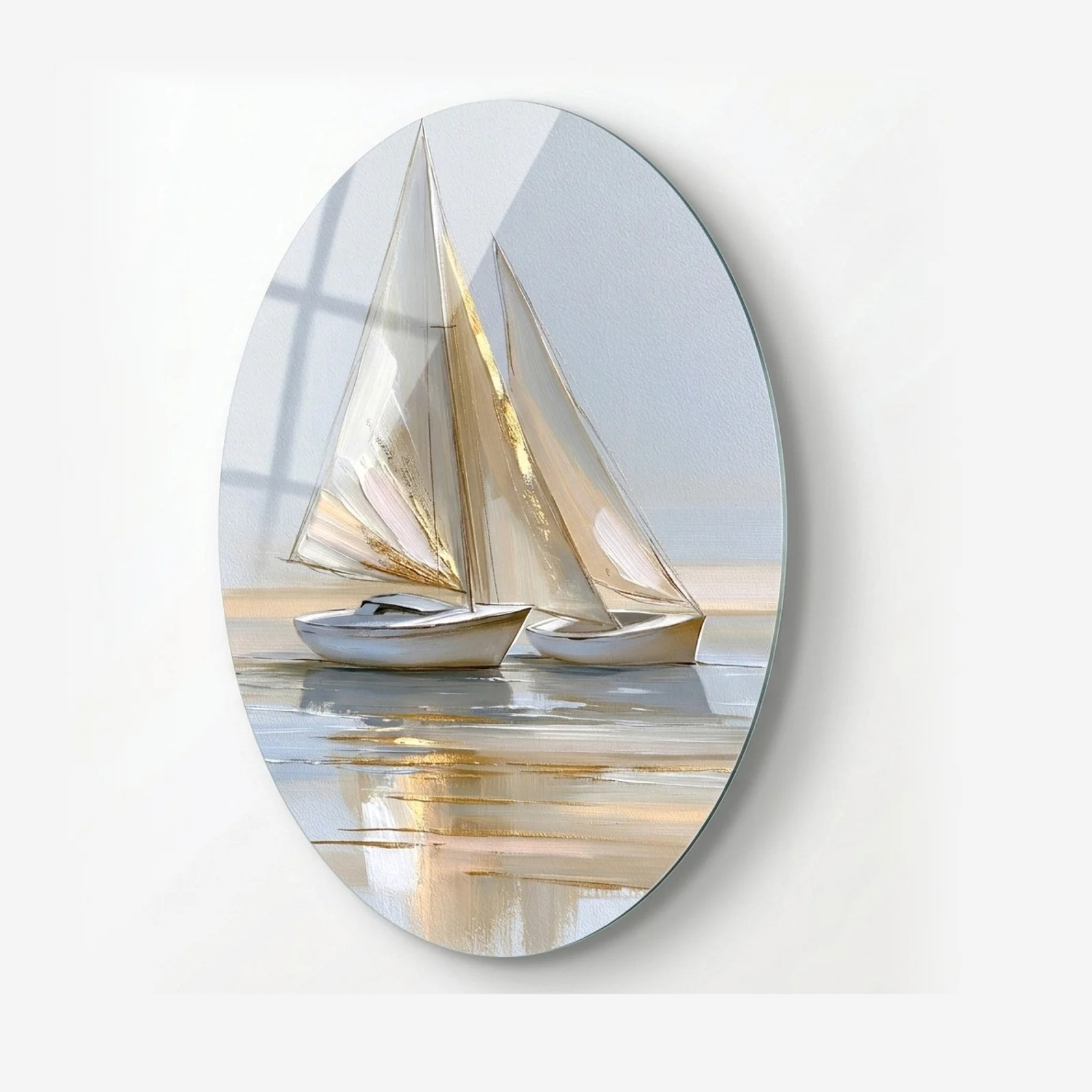 Golden Sailboats Oval Glass Wall Art, front product view on a neutral background
