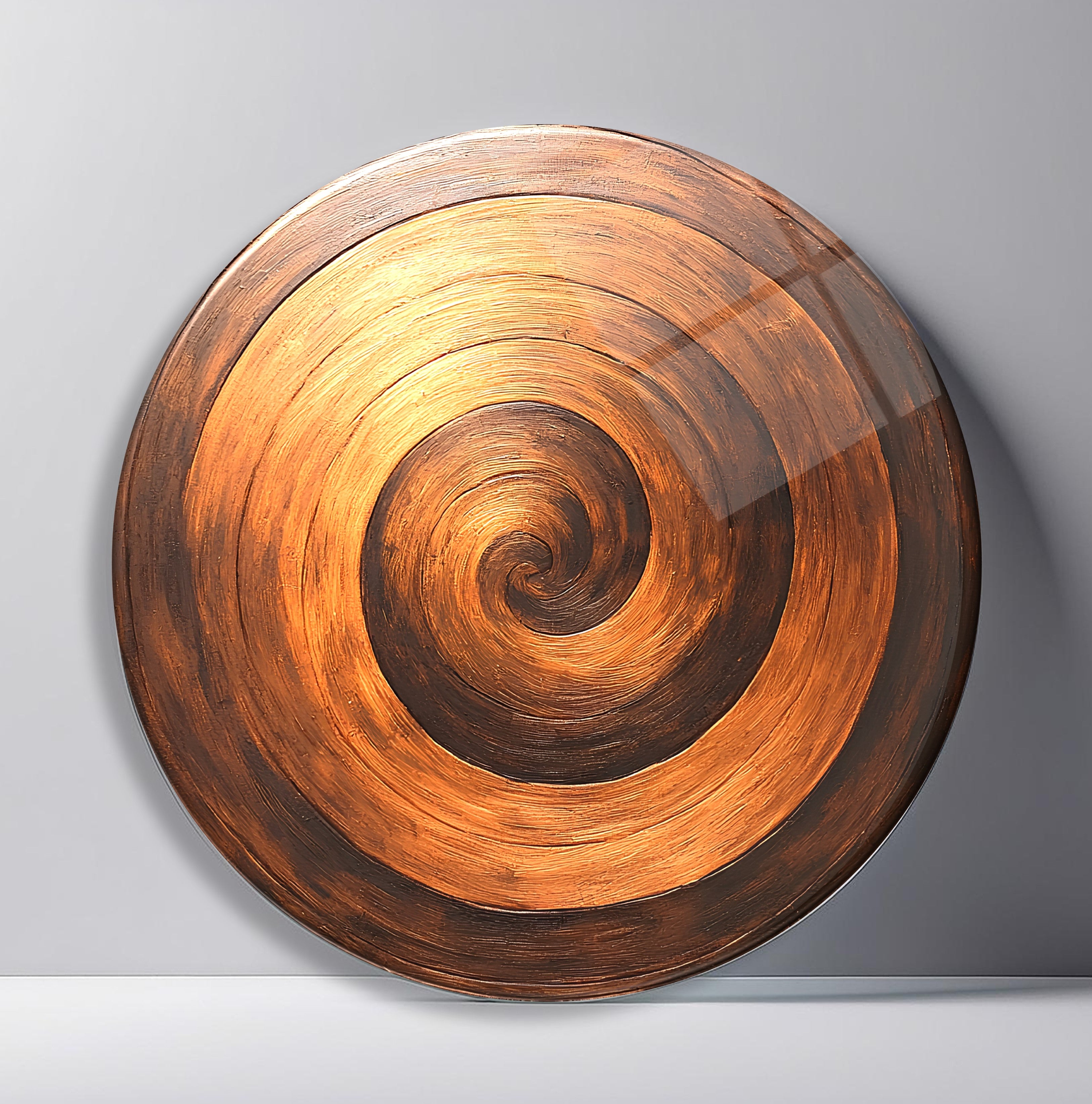 Burnished Copper Vortex Round Glass Wall Art front view, leaning against a neutral wall