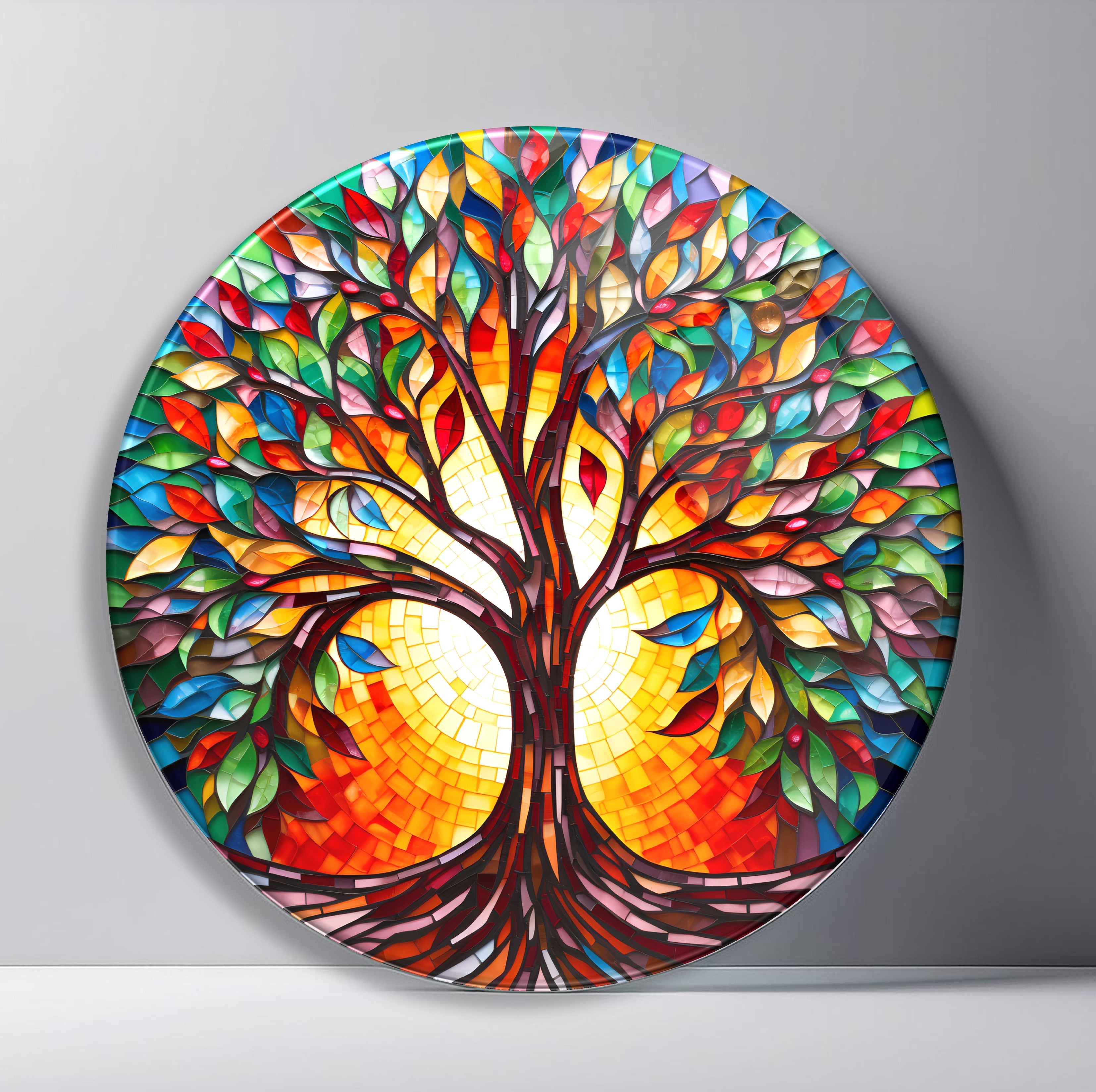 Rainbow Tree of Life Mosaic Round Glass Wall Art featuring full-canopy tree glowing with hundreds of bright stained-glass leaves