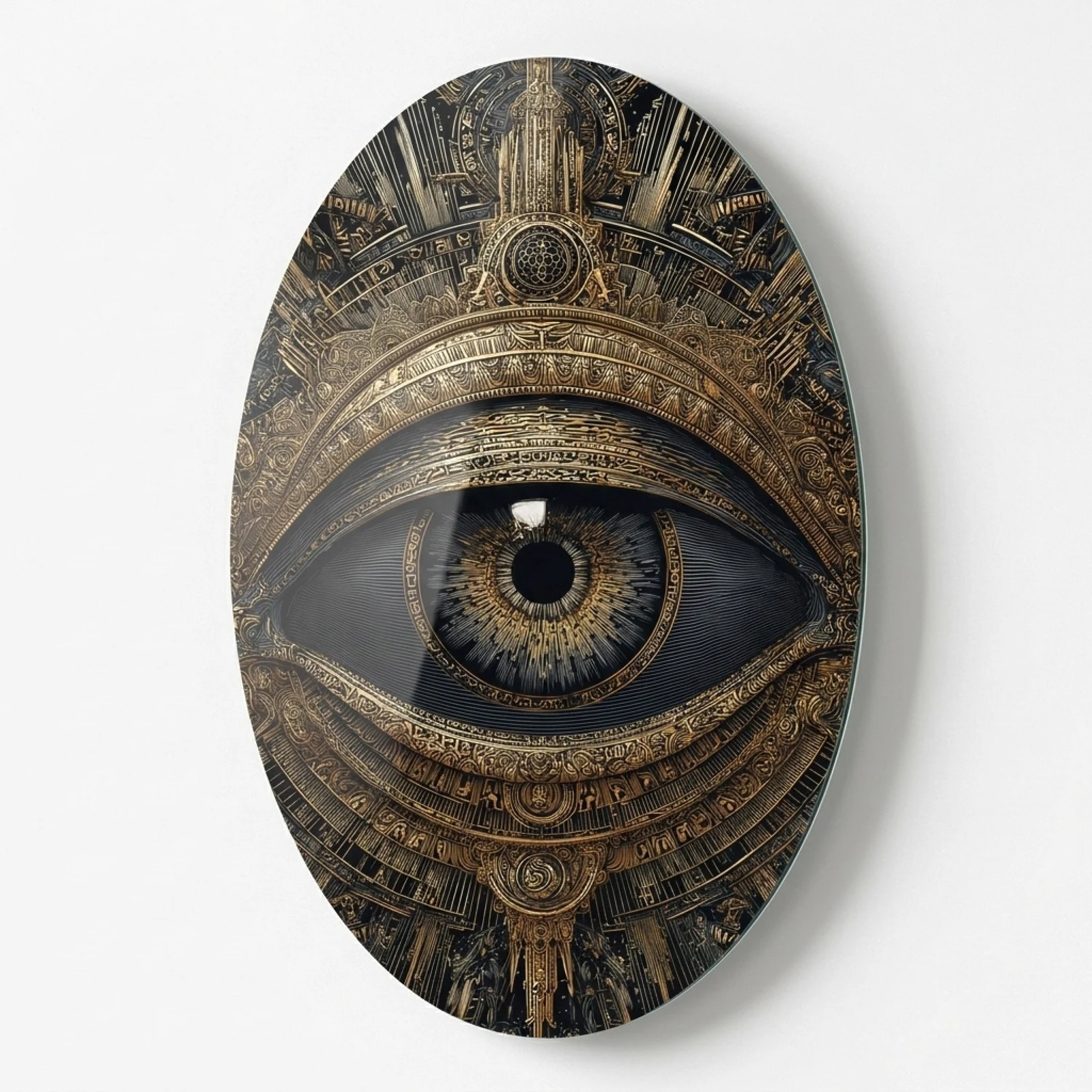 Mystical Gold Eye Oval Glass Wall Art, front product view on a neutral background