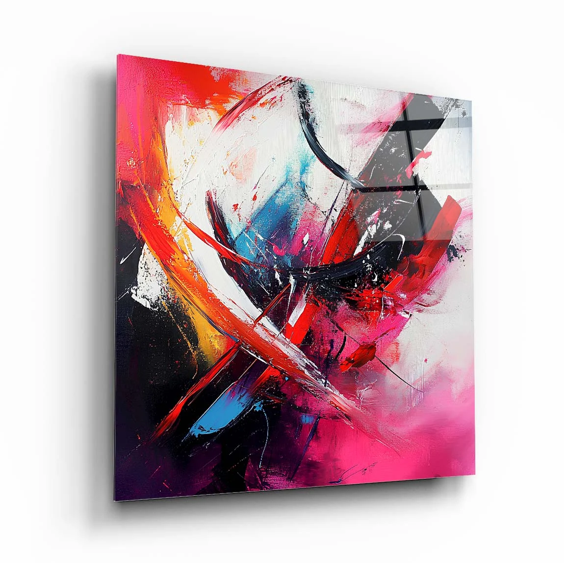 Crimson Black Diagonal Energy Square Glass Wall Art, front angled view