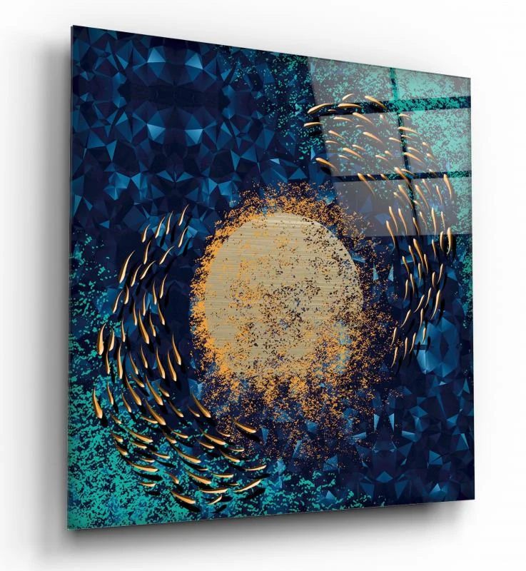 Golden Moon on Teal Mosaic Square Glass Wall Art, front angled view