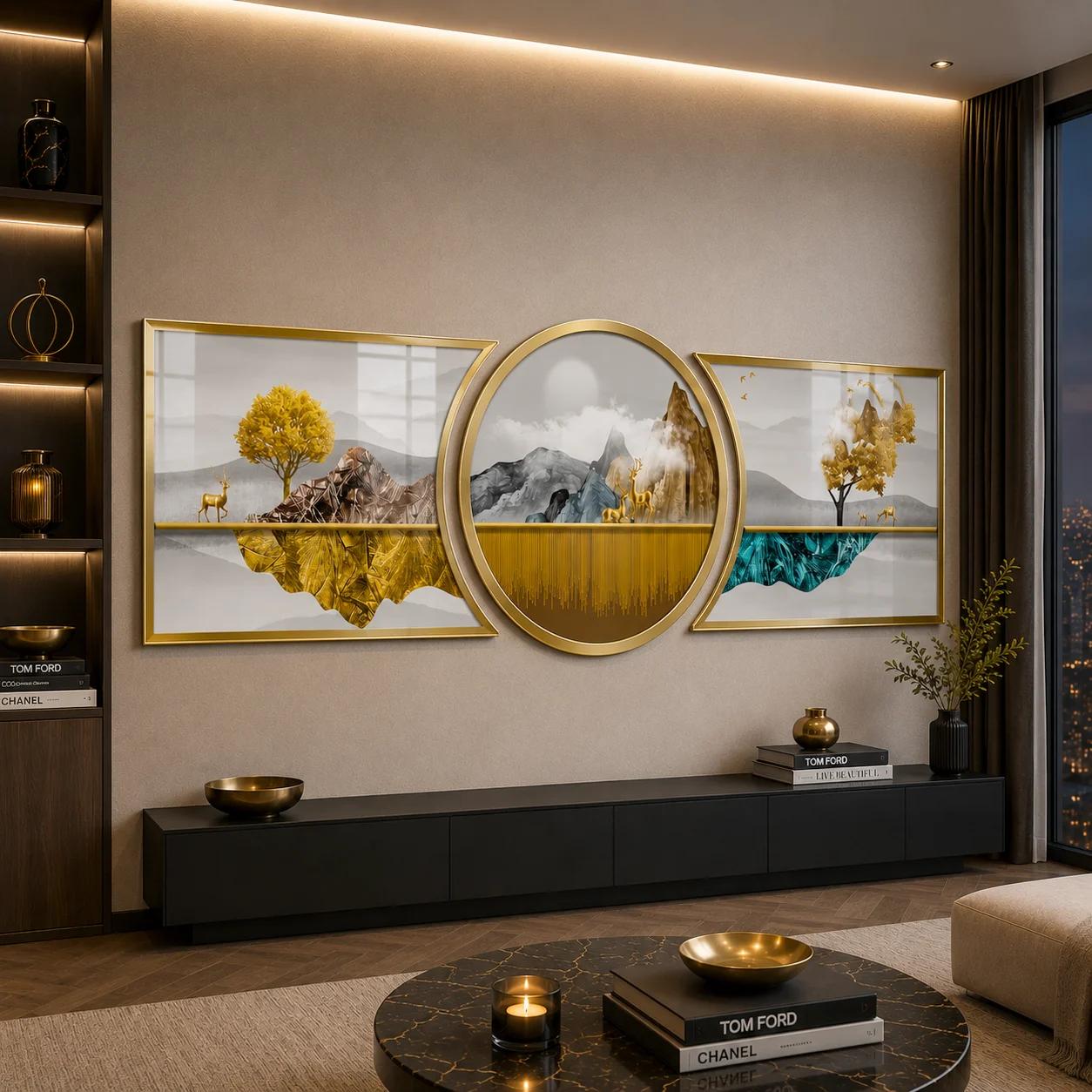 Golden Mountain Layers Custom-Cut Three-Piece Glass Wall Art, displayed above a console in a warm modern living room