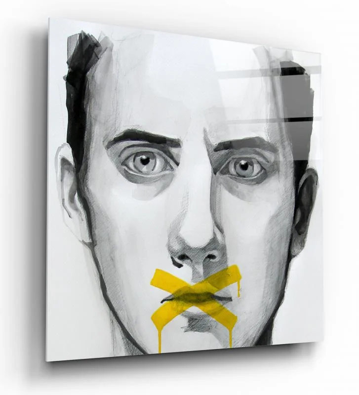 Silenced Modern Man Portrait Square Glass Wall Art, front angled view
