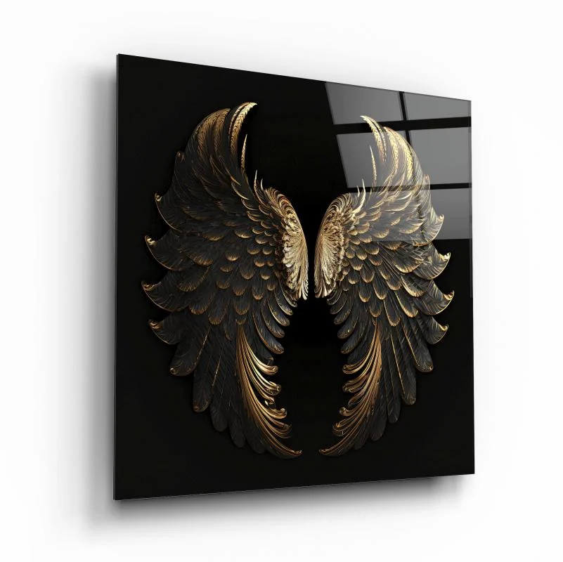 Majestic Golden Angel Wings Square Glass Wall Art, front angled view