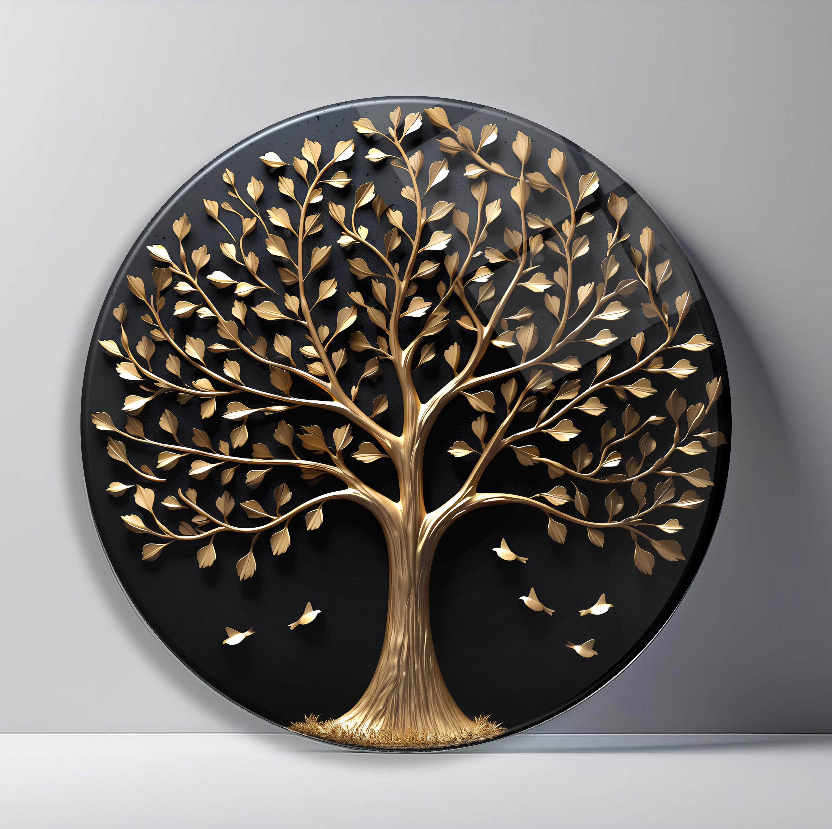 Golden Tree and Flying Birds Round Glass Wall Art featuring metallic gold tree with small birds crossing a matte black sky