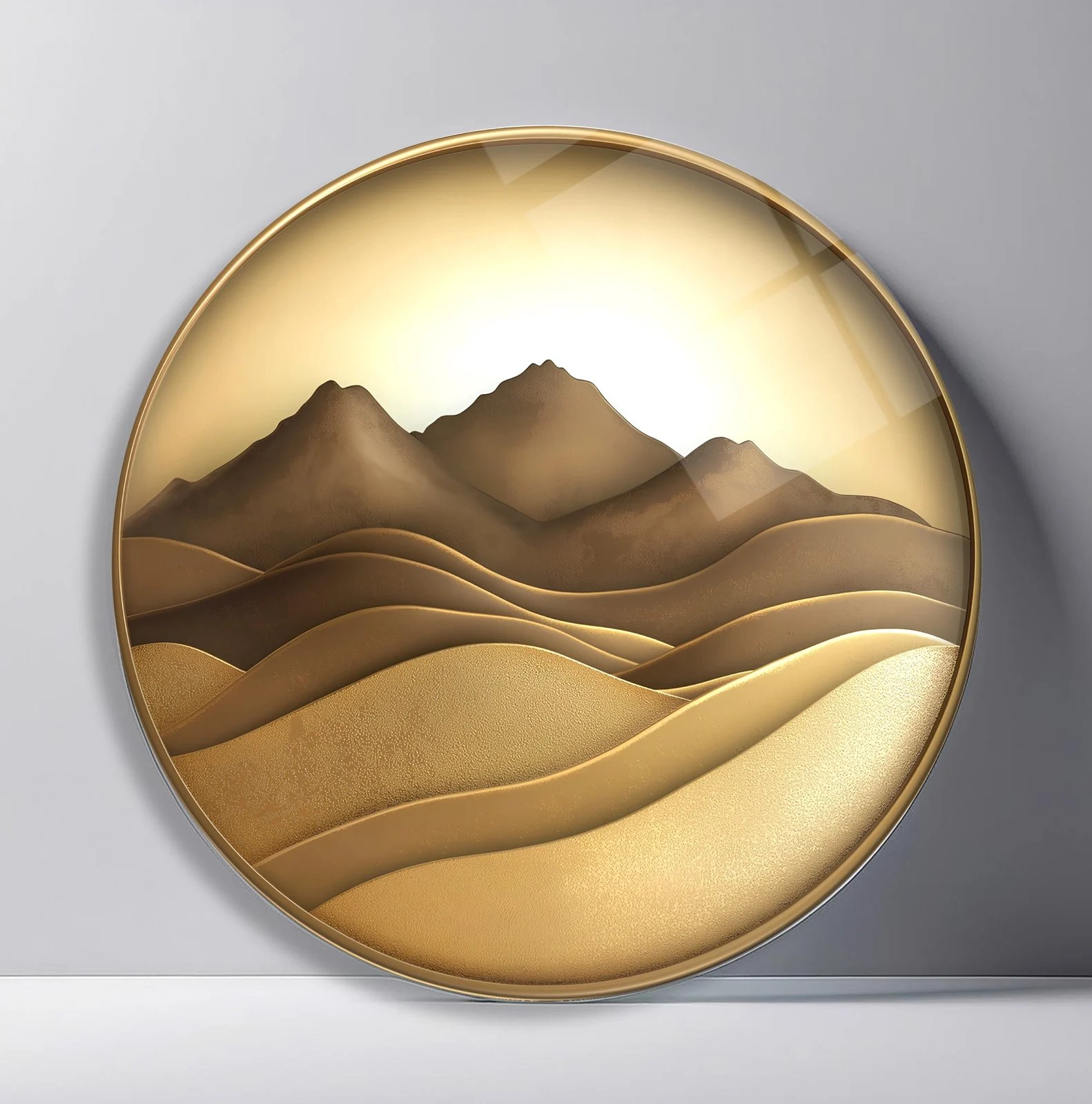 Golden Desert Dunes Round Glass Wall Art featuring layered sand dunes leading toward distant mountains and bright light