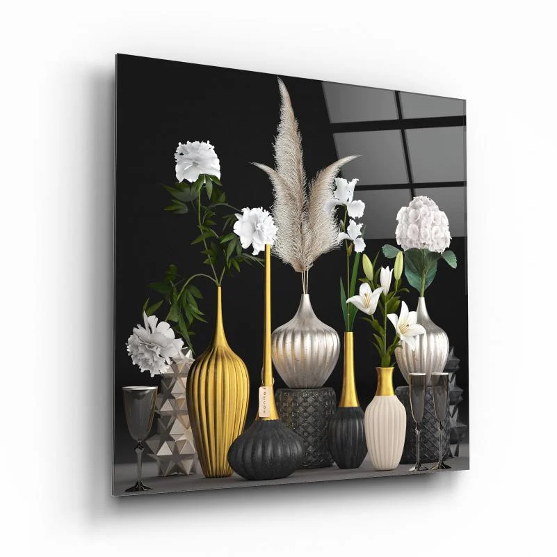 Monochrome Floral Vase Collection Square Glass Wall Art, front angled view