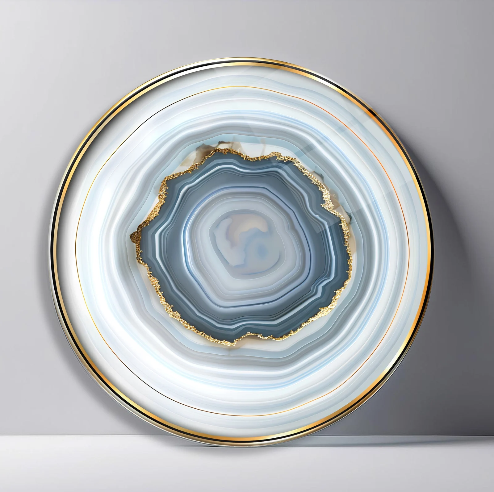 Pale Blue Agate Halo Round Glass Wall Art featuring soft white and blue mineral rings surrounding a gray crystalline center