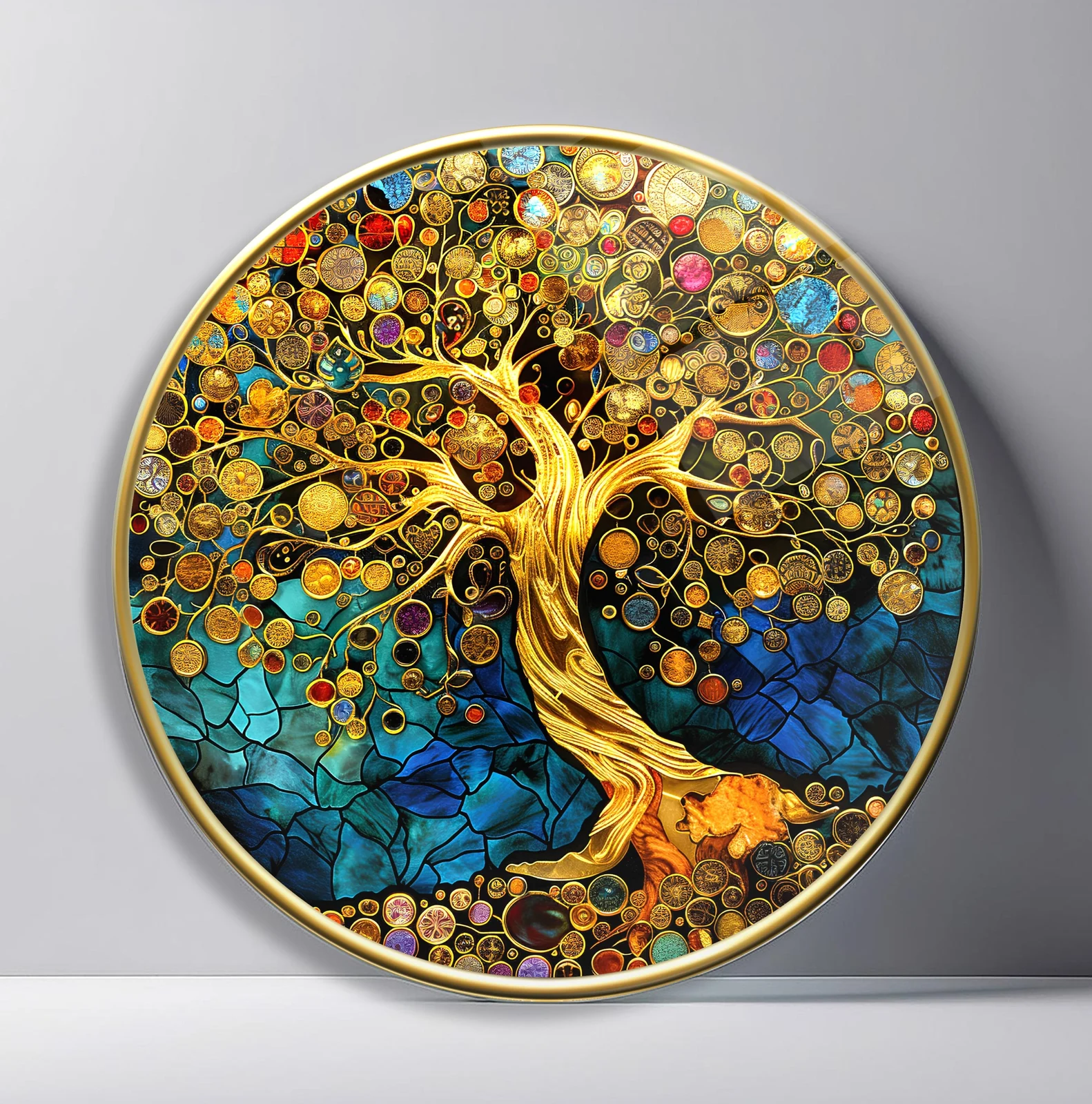 Golden Tree of Abundance Round Glass Wall Art featuring ornate gold tree filled with jewel-like circular leaves and birds