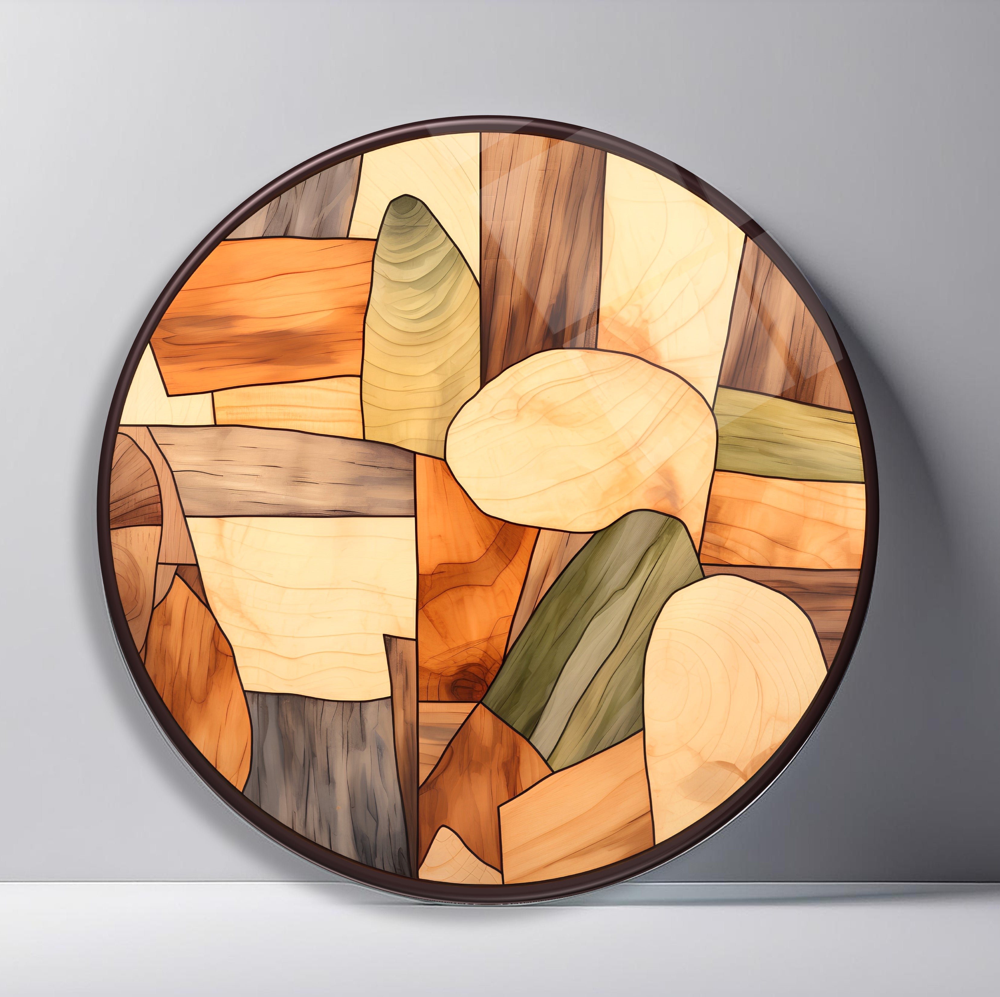 Modern Wood Shapes Round Glass Wall Art featuring rounded geometric wood-grain panels in varied natural tones