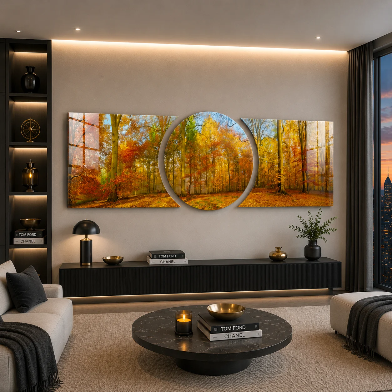 Autumn Forest Panorama Custom-Cut Three-Piece Glass Wall Art, displayed above a console in a warm modern living room