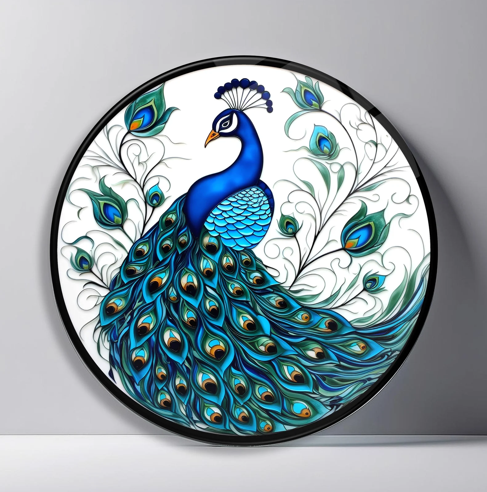 Teal Peacock Botanical Scroll Round Glass Wall Art featuring blue green peacock surrounded by airy curling feather vines