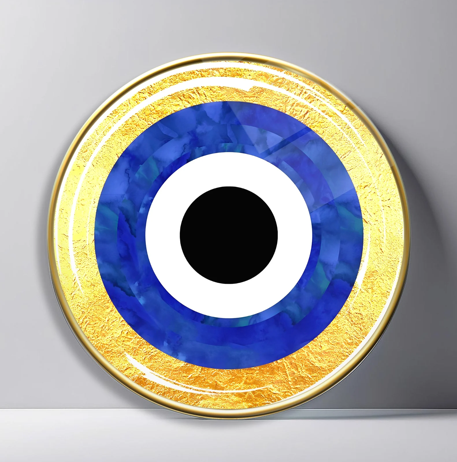 Lapis Gold Nazar Round Glass Wall Art featuring minimal black and white eye framed by lapis and gold rings